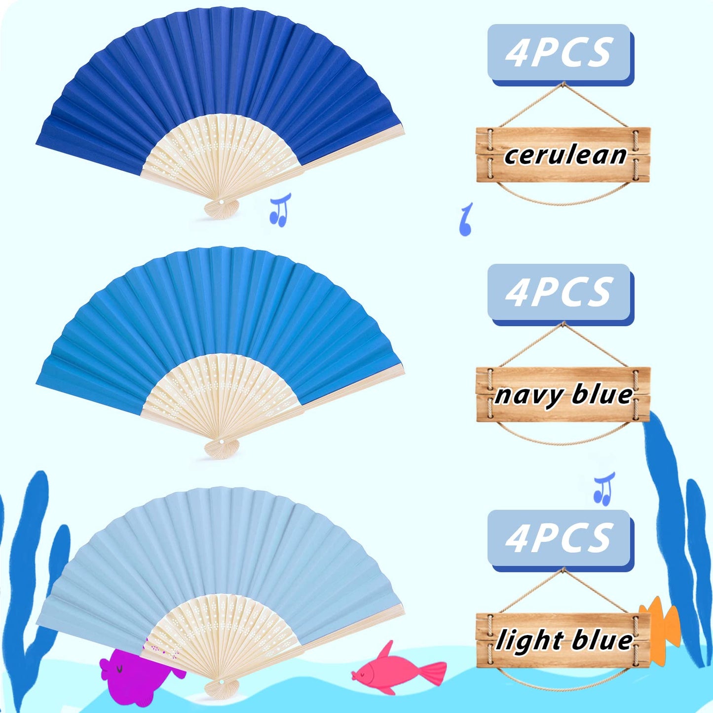 JOHOUSE 12PCS Folding Paper Fans, Handheld Paper Fan Foldable Decorative Fans Blue Bamboo Fan for Summer Beach Party Dancing DIY Wall Decoration