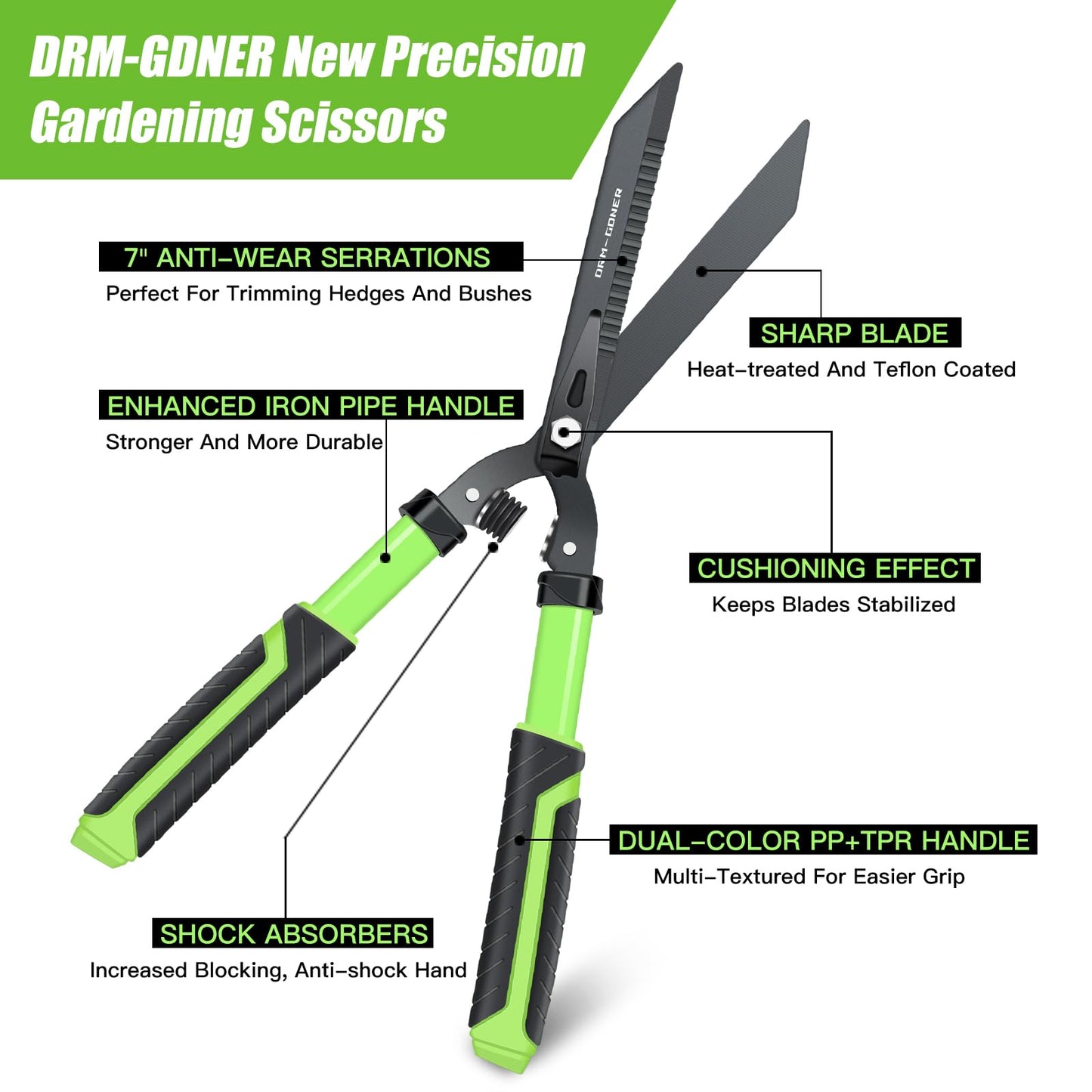 DRM-GDNER Garden Hedge Shears Heavy Duty,23" Manual Hedge Clippers with New Tech Serrated Blade & Dual Shock Absorbing Cushion,Shears Gardening Tools for Pruning Borders&Shrubs,Green/Black