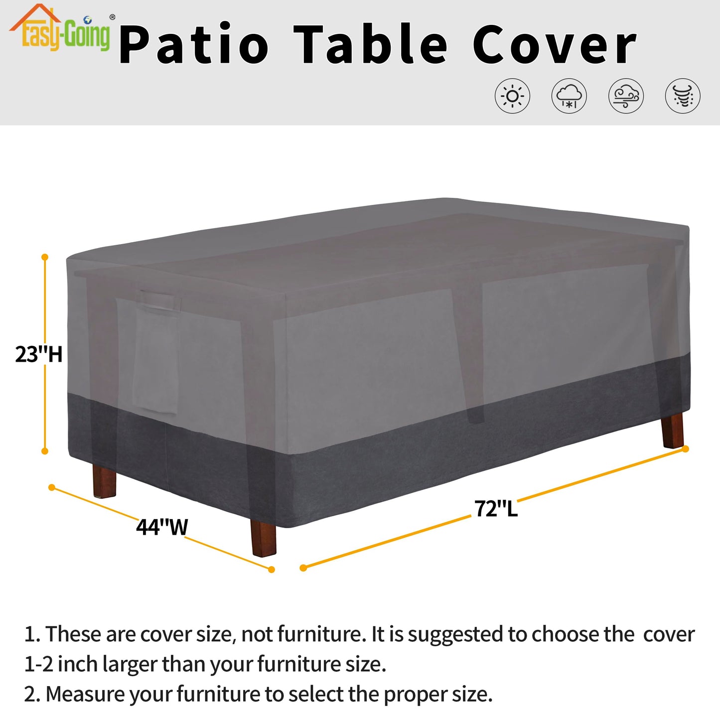 Easy-Going 600D Heavy Duty Rectangular Table Cover UV Resistant and Waterproof Outdoor Lawn Patio Furniture Cover (72" Lx44 Wx23 H, Gray/Dark Gray)