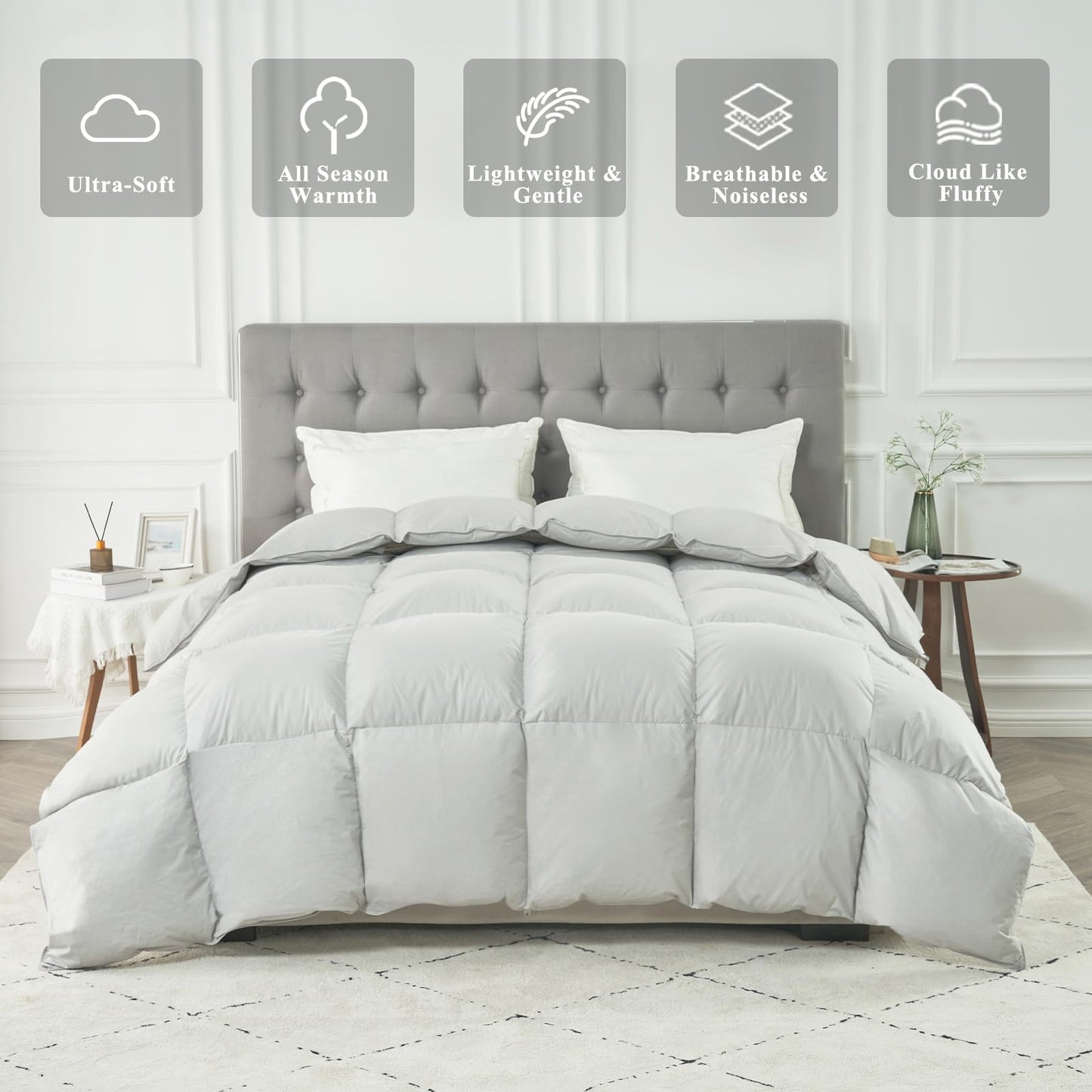 KUSNUG Goose Feather Down Comforter King Size, Grey All Season Fluffy Duvet Insert for Medium Warmth, 100% Egyptian Cotton Cover, Ultra-Soft 750 Fill-Power Luxurious Hotel Bedding Comforters(106"x90")