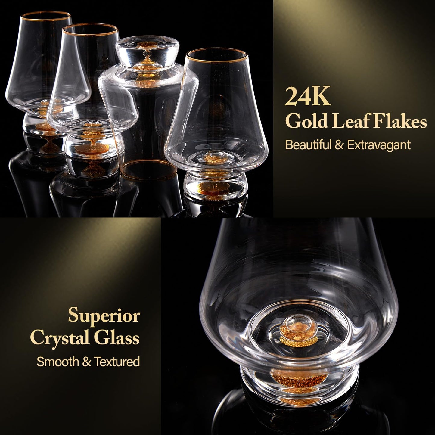 DUJUST Snifter Glasses Set of 4 (8oz), Crystal Whiskey Glasses with 24K Gold Leaf Flakes, Luxury Tasting Glasses for Brandy/Cognac/Bourbon/Tequila/Scotch, BPA-Free & Lead-Free