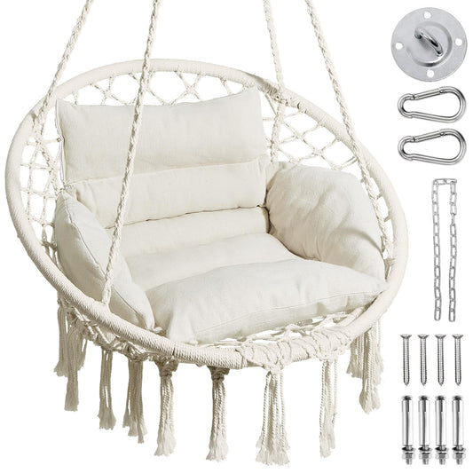 Greenstell Hammock Chair, Macrame Swing Chair with Comfy Cushion, Boho Hanging Chair for Outdoor & Indoor, Perfect for Bedroom, Patio, Balcony, Hold up to 330Lbs, Beige