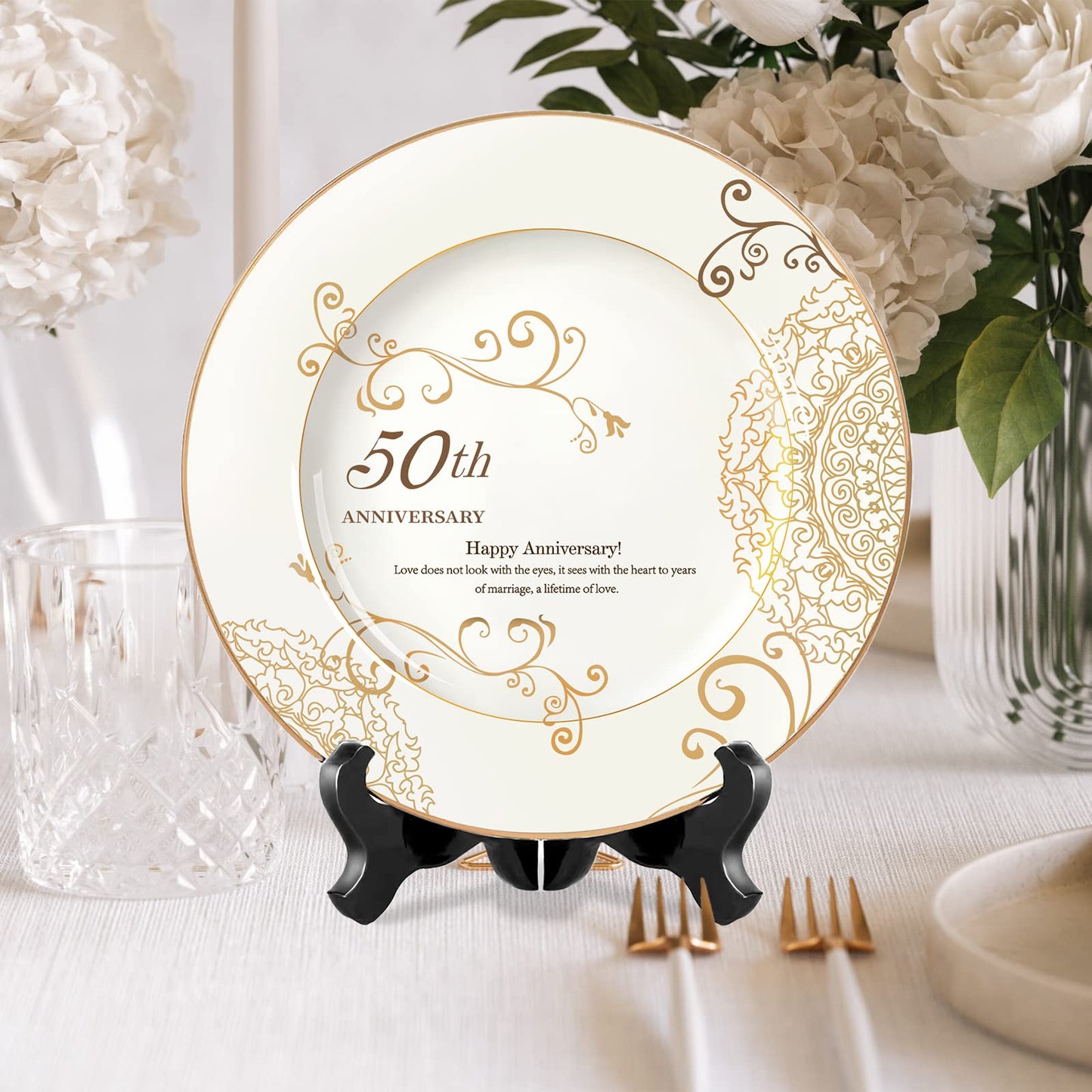 50th Anniversary Wedding Plate, 50th Anniversary Wedding Gifts for Couple, 50th Golden Anniversary Wedding Gifts for Parents, 50 Year Porcelain Gold Plate with Stand 10 Inch