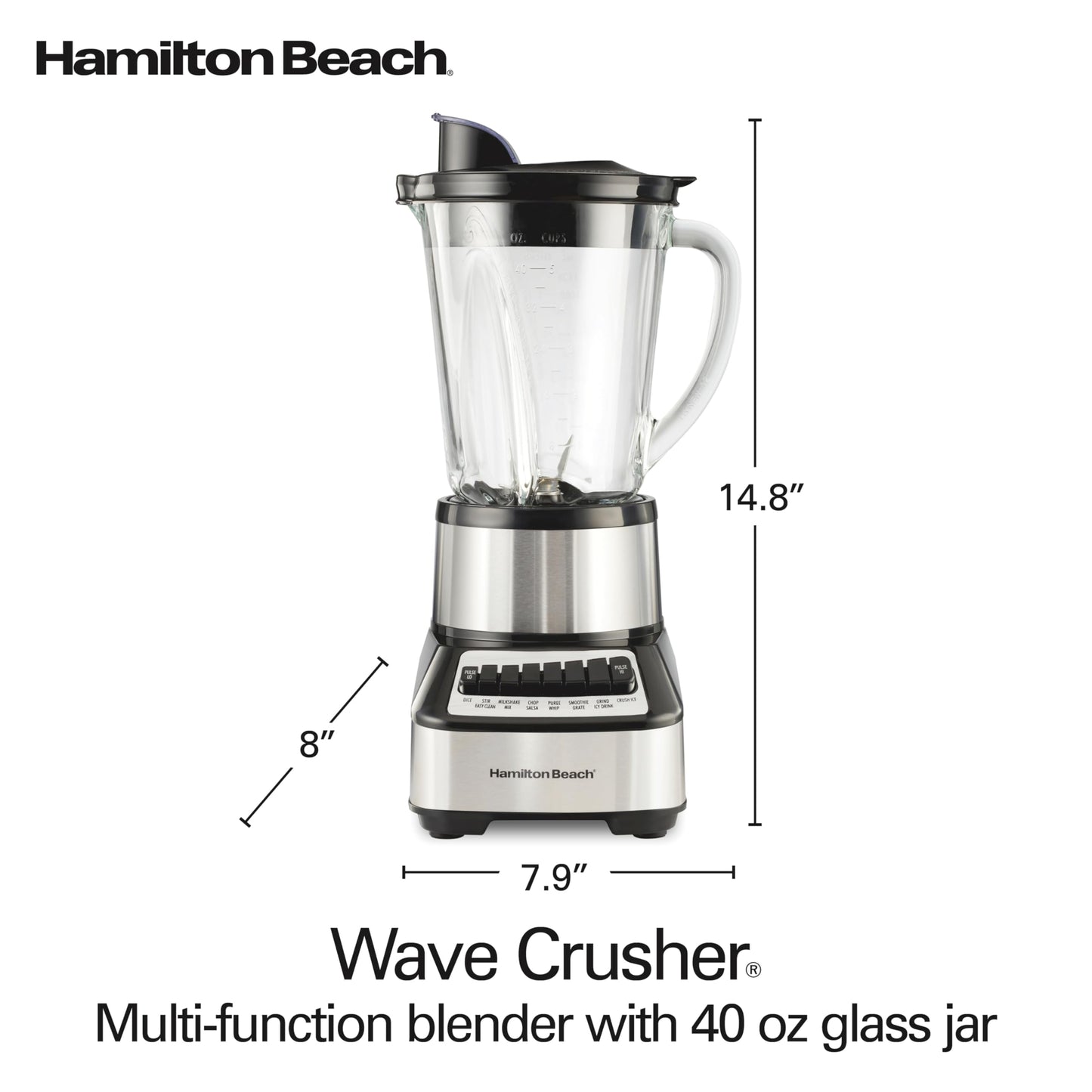 Hamilton Beach Wave Crusher Blender For Shakes and Smoothies With 40 Oz Glass Jar and 14 Functions, Ice Sabre Blades & 700 Watts for Consistently Smooth Results, Black + Stainless Steel (54221)