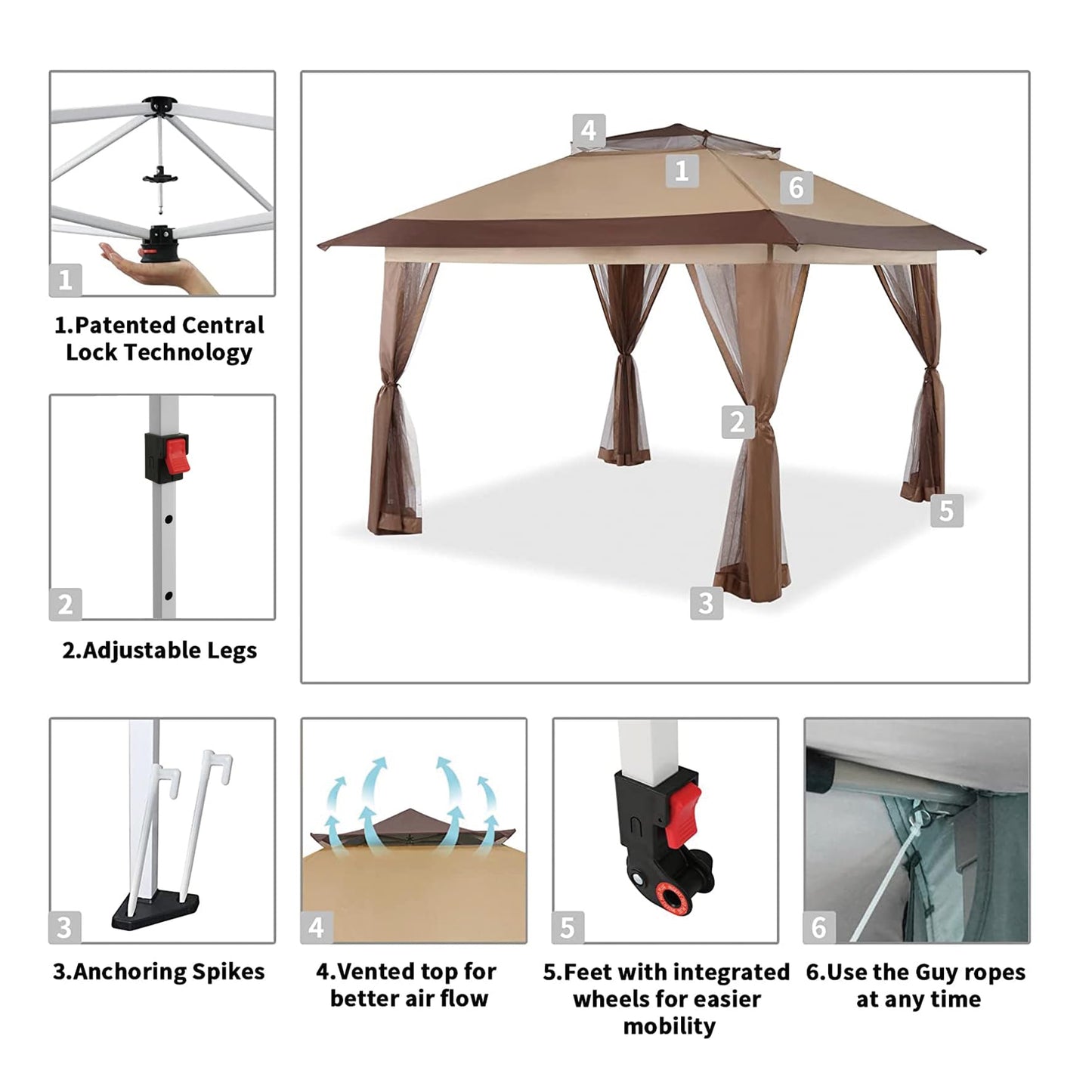 CROWN SHADES 13x13 Pop Up Gazebo, Patented One Push Outoor Canopy Tent with Wheeled STO-N-Go Cover Bag, Pop Up Canopy with Netting for Patio, Party, Backyard (13x13, Beige & Coffee)