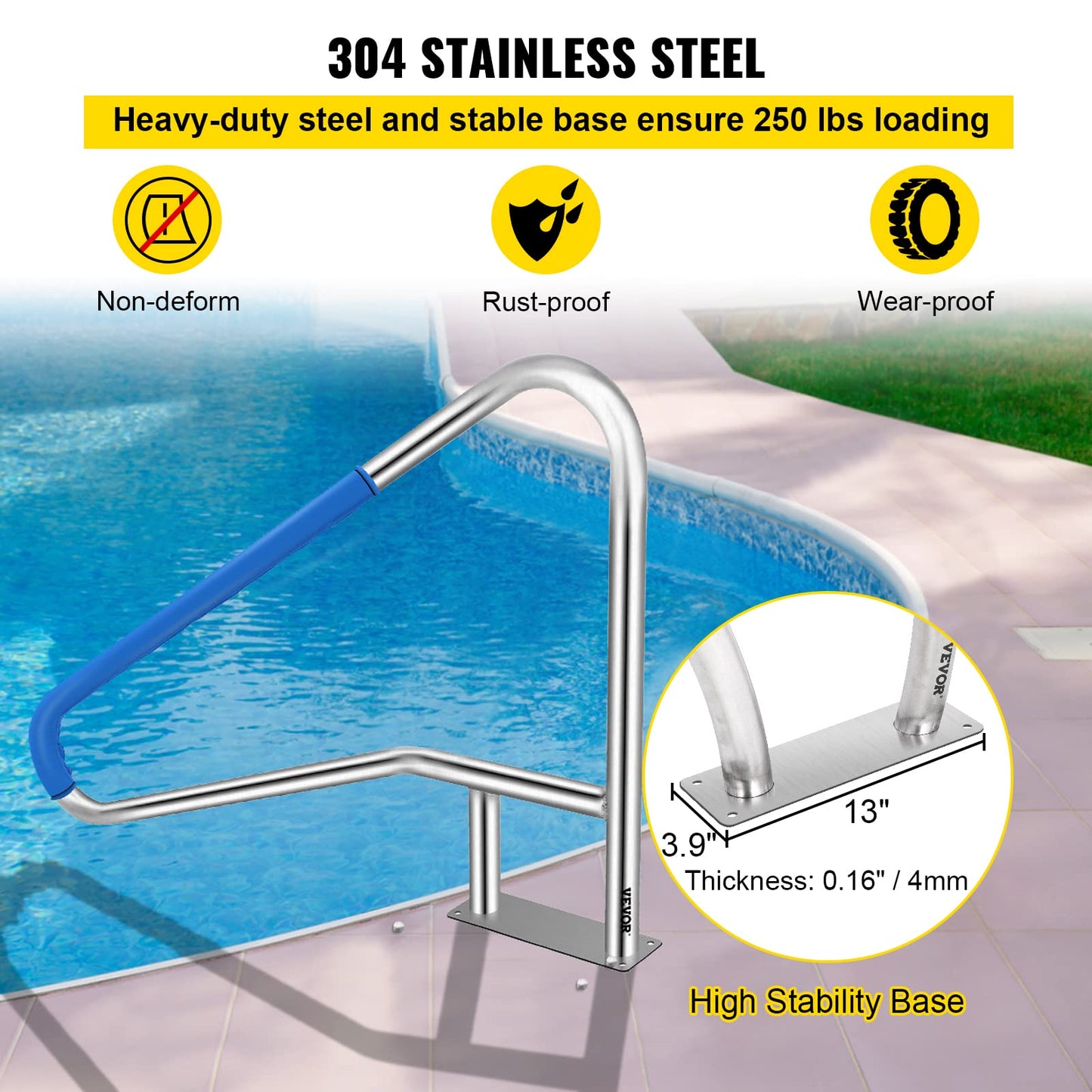 VEVOR Pool Rail 54x36 Pool Railing 304 Stainless Steel 250LBS Load Capacity Silver Rustproof Pool Handrail Humanized Swimming Pool Handrail with Blue Grip Cover & M8 Drill Bit & Self-Taping Screws