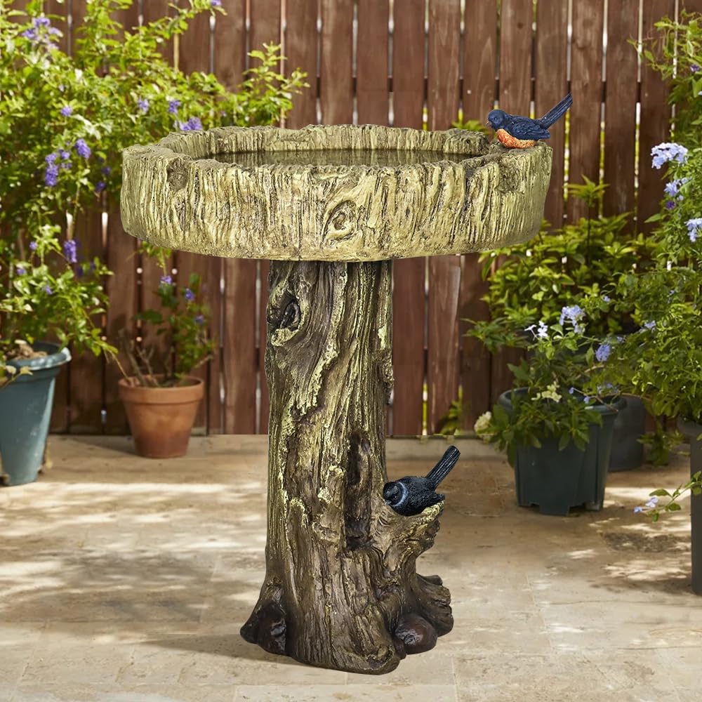 SKYFIRE 24.4” H Fibre Reinforced Concrete Outdoor Garden Bird Bath with Birds, Woodland Tree Trunk Decoration Yard Statue，Pedestal Birdbaths for Outdoors, Garden, Patio, Lawn, Backyard