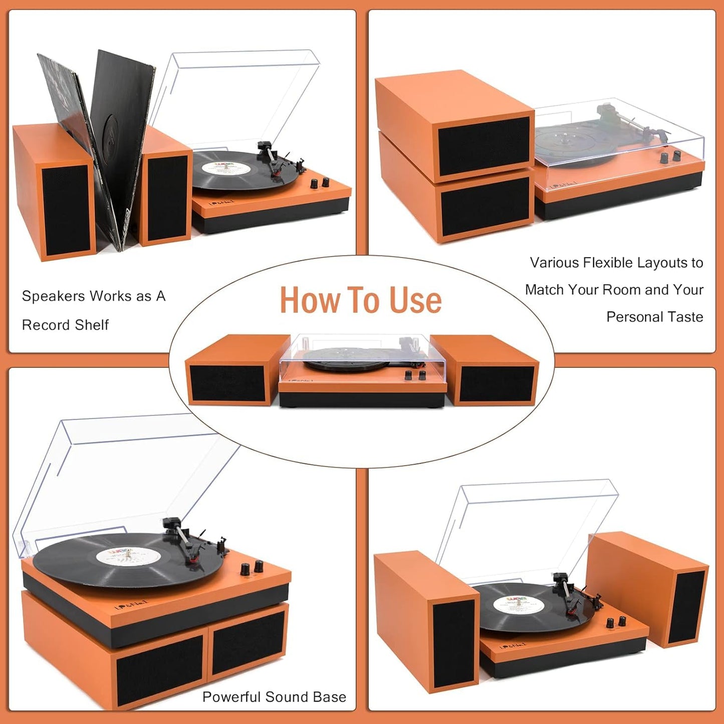 Vinyl Record Player, Vinyl Turntables with Dual Stereo Bookshelf External Speakers, Adjustable 3-Speed Belt-Drive Turntable, LP Player with RCA, Auto Stop,(Orange Leather Wrapped)