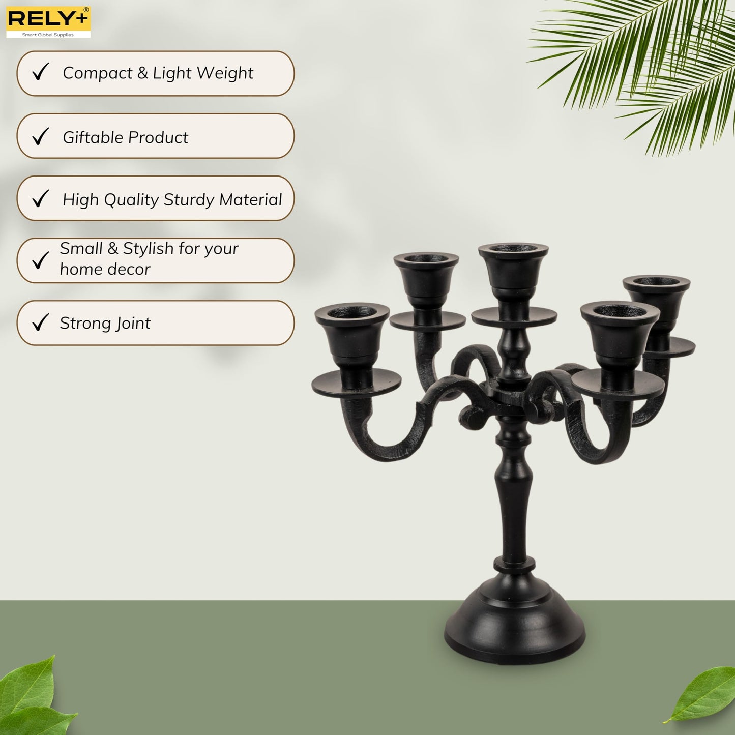 Rely+ 5 Arm Baby Candelabra Black Matte 8" Tall - Taper Candle Holders - Candle Stands - Candlesticks Holders for Home Decor, Wedding, Party, Dining Table Centerpiece, Fit 3/4 inch Mini Candles