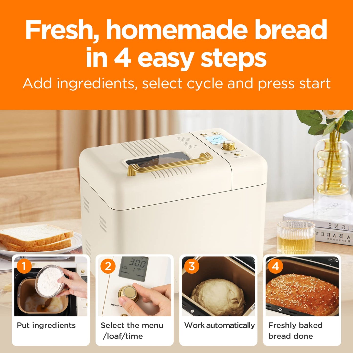 Neretva Bread Maker Machine, 15-in-1 2LB Automatic Breadmaker with Gluten Free Sourdough Setting, Auto Nut Dispenser (Beige)