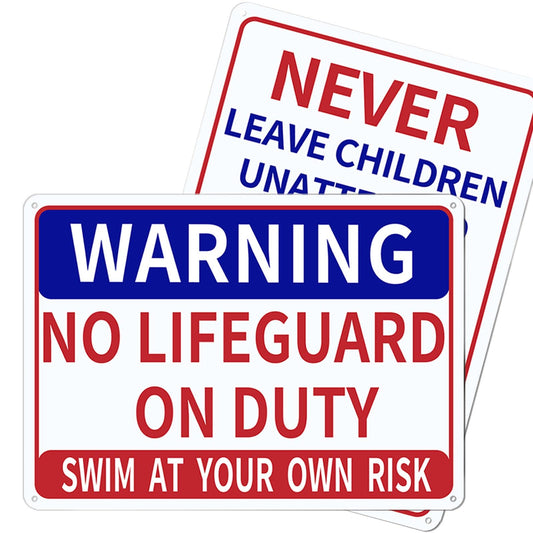 2 PACK Pool Sign, 10x14 In and 0.040 Aluminum Pool Safety Signs and Decor for Outdoor, No Lifeguard on Duty Sign Swim at Your Own Risk Sign and Never Leave Children Unattended Safety Signage