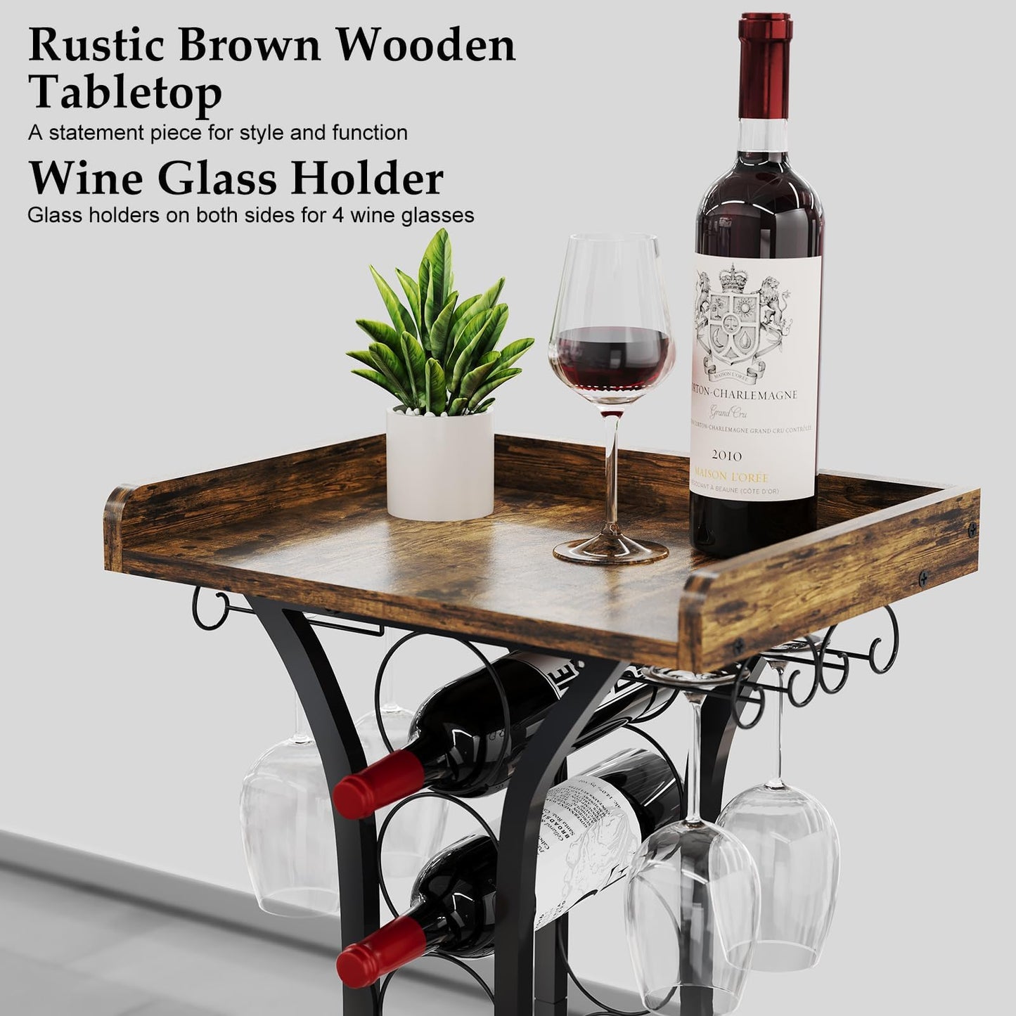 X-cosrack Wine Rack Freestanding Floor, Mini Bar Table Wine Holder Stand Liquor Cabinet with Glass Holder Wood Tabletop 14 Bottles Floor Wine Storage for Home Bar Kitchen Dining Living Room