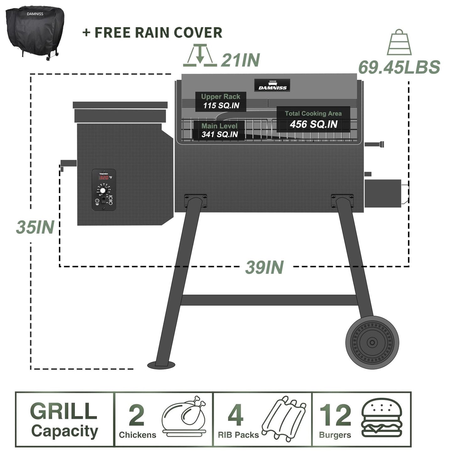 Wood Pellet Grill & Smoker 8-in-1 Pellet Grill with Automatic Temperature Control, & Rain Cover 456 Sq. in Area for Backyard Camping Outdoor