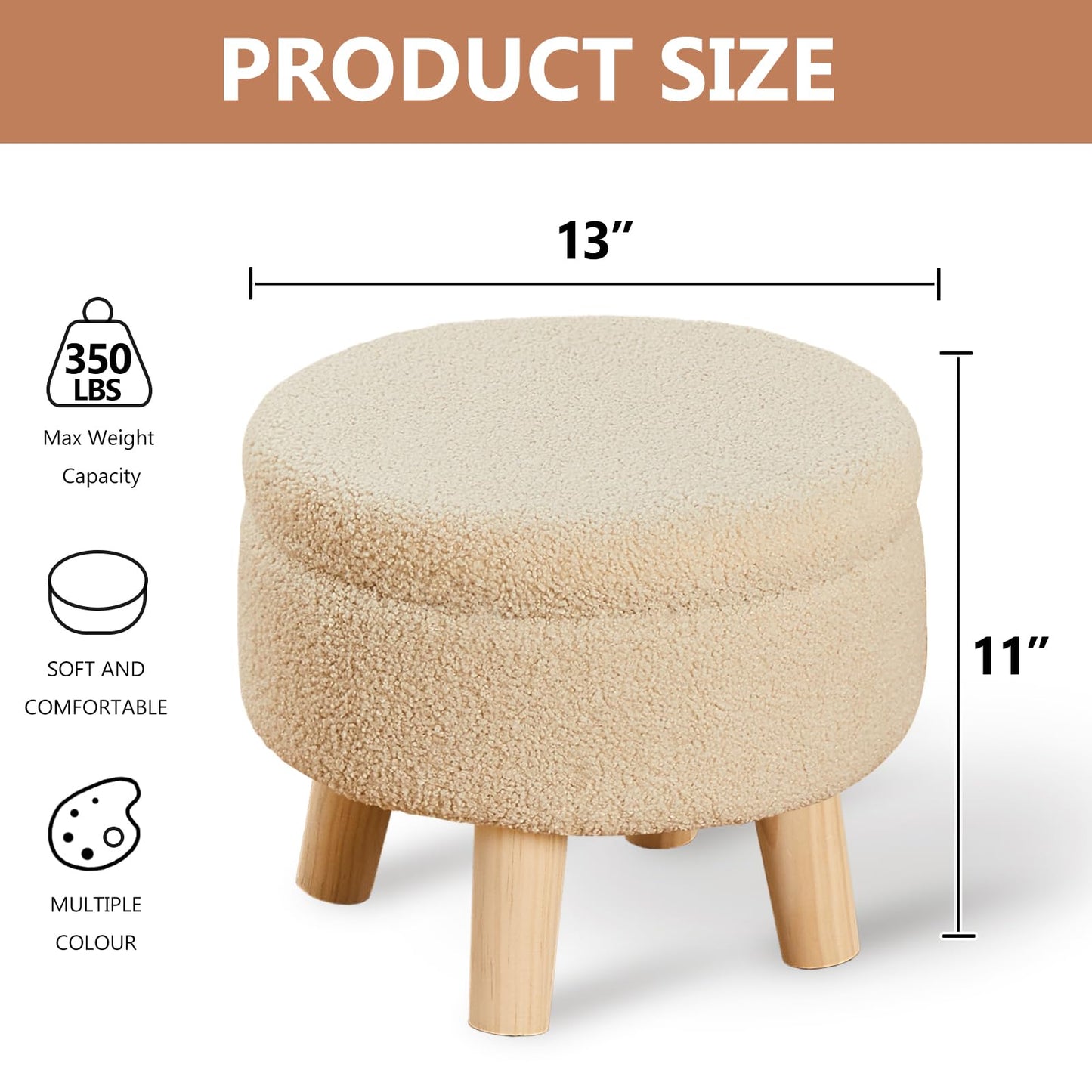 Wimarsbon Storage Ottoman, Modern Round Footrest with Soft Padded Seat, Teddy Velvet Footstool with Wood Legs, Accent Small Table or Plant Stand for Hallway, Living Room (Off-White)