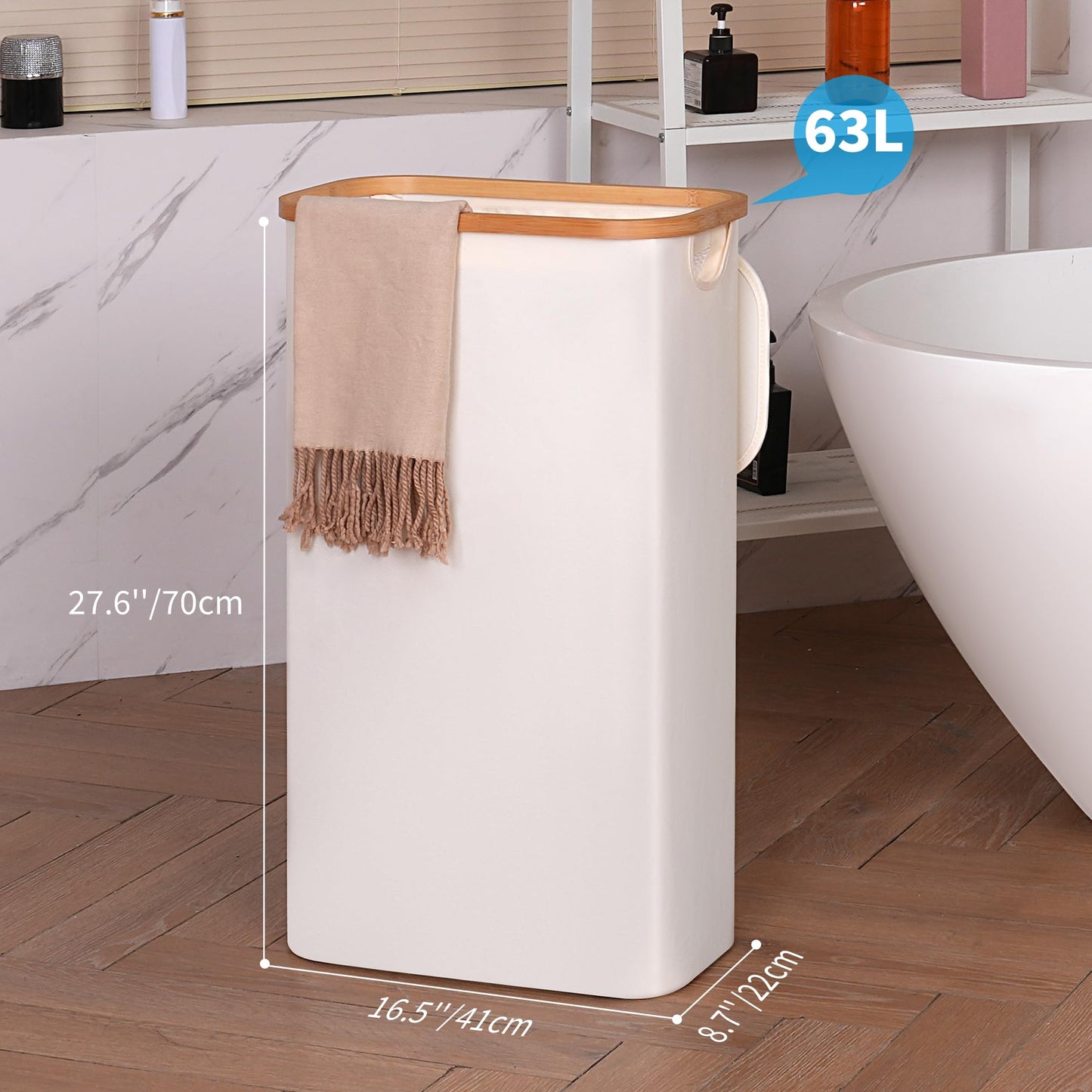 efluky Slim Laundry Basket with Lid, Narrow Laundry Hamper with Removable Bag, Skinny Dirty Clothes Basket with Bamboo Handles for Bathroom, Bedroom & Laundry Room, 63L Beige