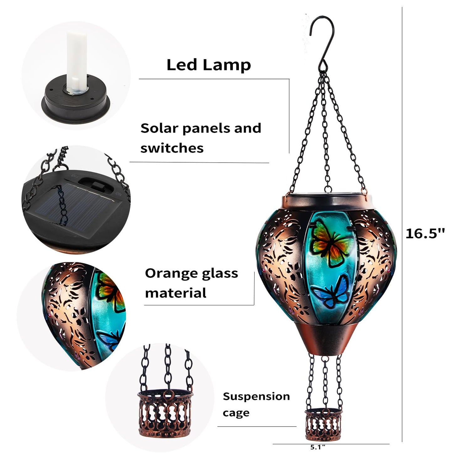 Hot Air Balloon Solar Lantern Butterfly Lights with Flickering Flame Solar Powered LED Lights Outdoor Waterproof Decorative Hanging Lights for Garden Patio Pathway Yard Porch Decor