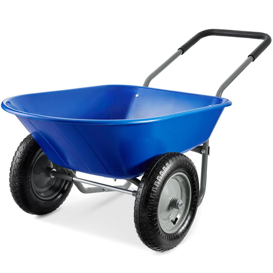 Best Choice Products Dual-Wheel Home Utility Yard Wheelbarrow Garden Cart w/Built-in Stand for Lawn, Gardening, Construction - Blue