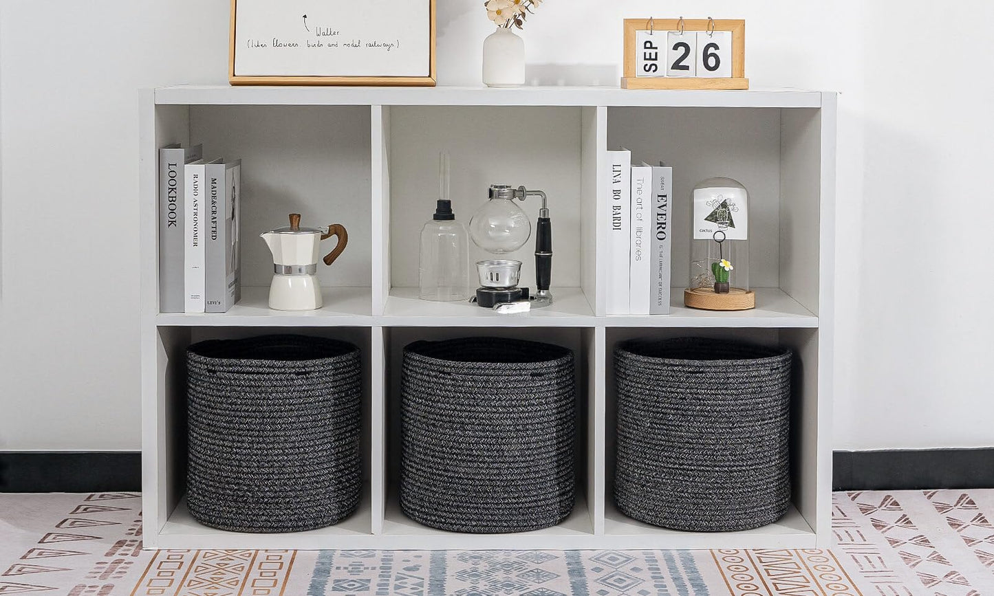 voten Storage Cubes Baskets Bins Organizer 11x11x11'' Fit 12x12''Cube Storage Organizer Bookcases Shelves,Roomy Cute Durable Woven Cotton Storage Basket for Organization,Round 3Pack Mixed Black