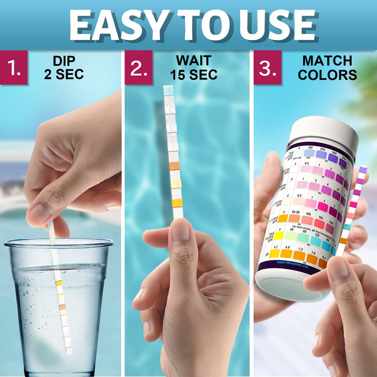 EASYTEST 7-Way Pool Test Strips, 150 Strips Water Chemical Testing for Hot tub and Spa, Accurate Test Bromine, Total Alkalinity, pH, Free Chlorine, Total Hardness, Cyanuric Acid, and Total Chlorine