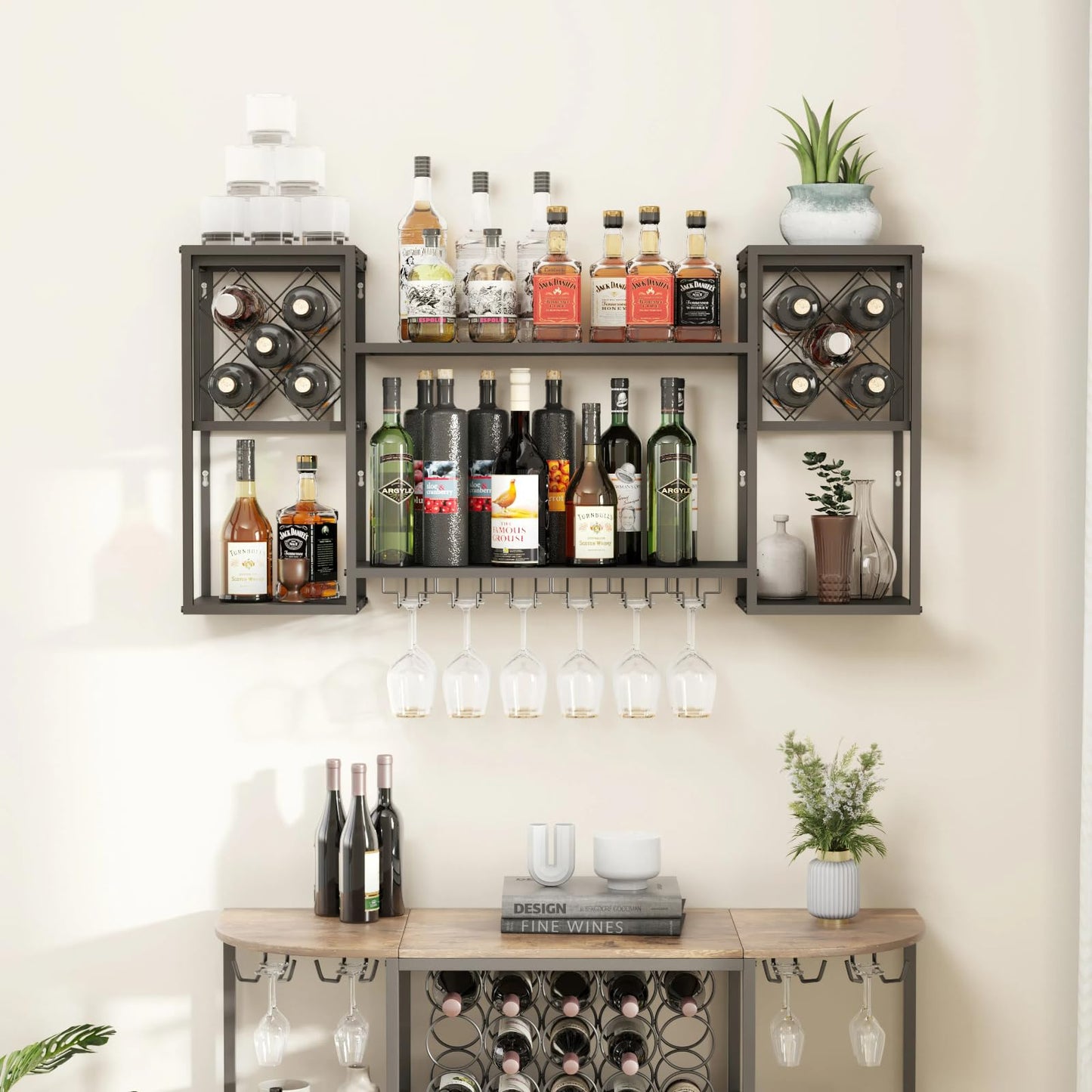 HEONITURE Wall Mounted Wine Rack, Multi Functional Bar Shelves for Liquor Bottles with Glass Holder, Modern Metal Bar Shelves Wall Mounted for Home Bar, Kitchen & Dining Room