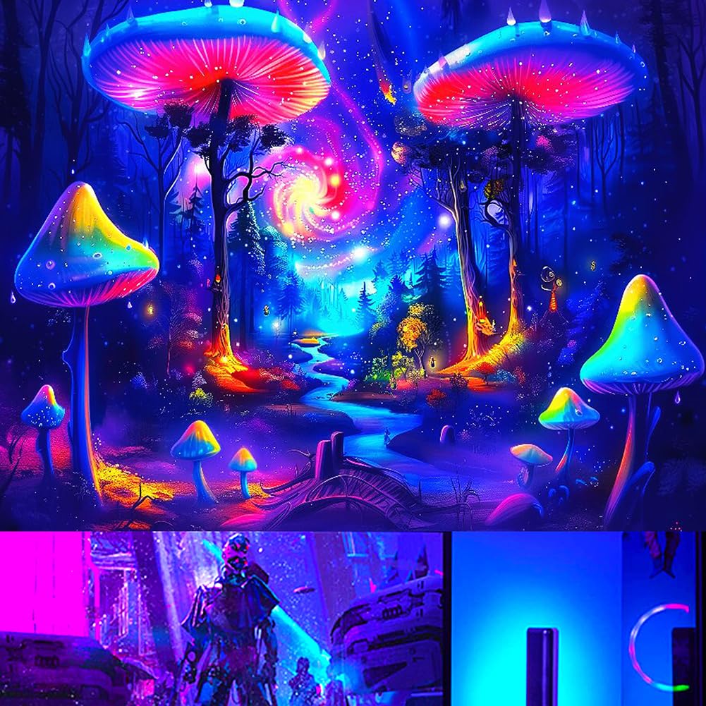 BJYHIYH Extra Large Blacklight Tapestry Wall Hanging Galaxy Mushroom Tapestries Fantasy Forest Tapestry for Bedroom Living Room Decor(90"×70")