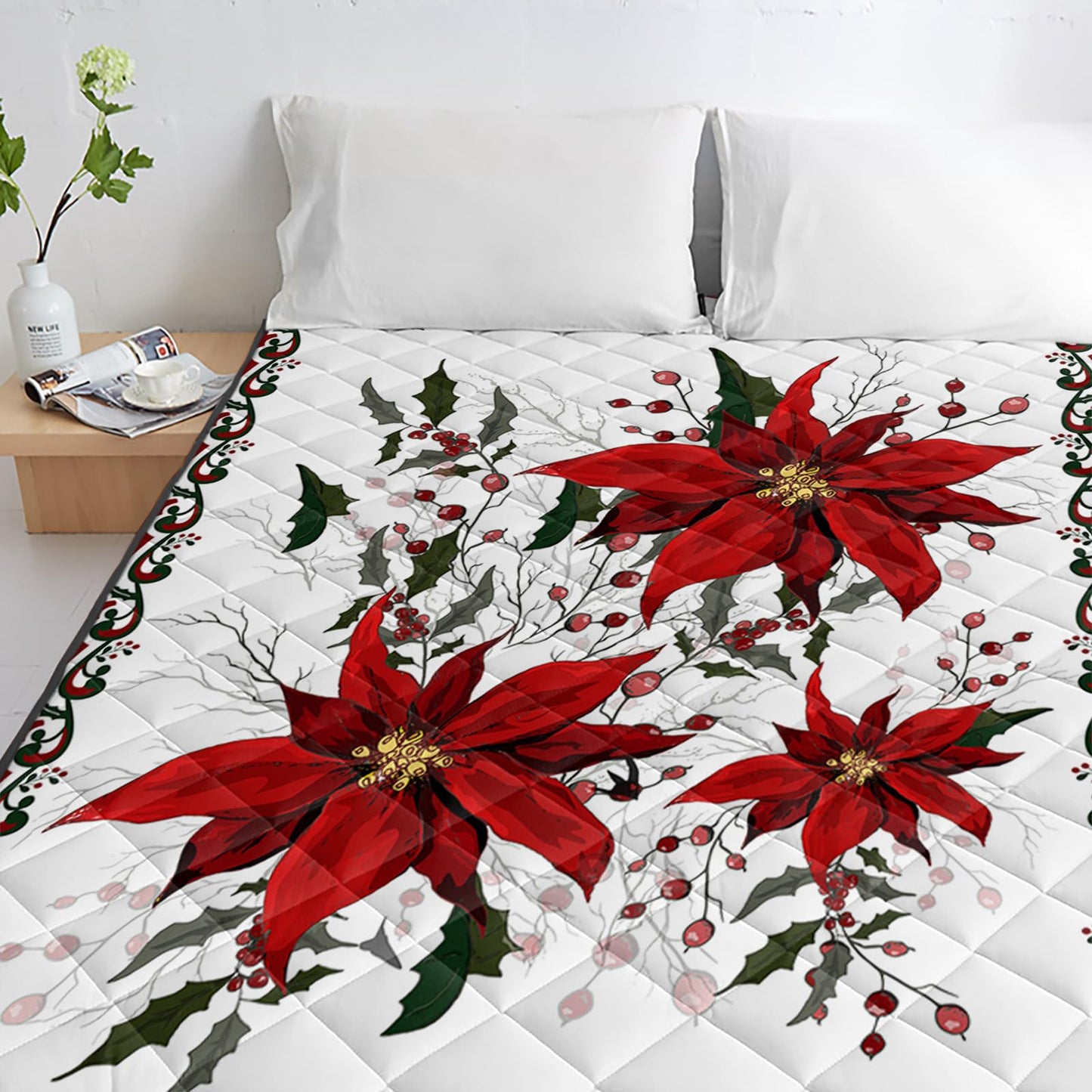 T&H XHome Quilt Full Size Luxury Quilted Comforter Bedspread-Thin Soft Cozy, Christmas Flower Poinsettia Red Floral Border Reversible Stitched Lightweight Quilt Coverlet for All Season