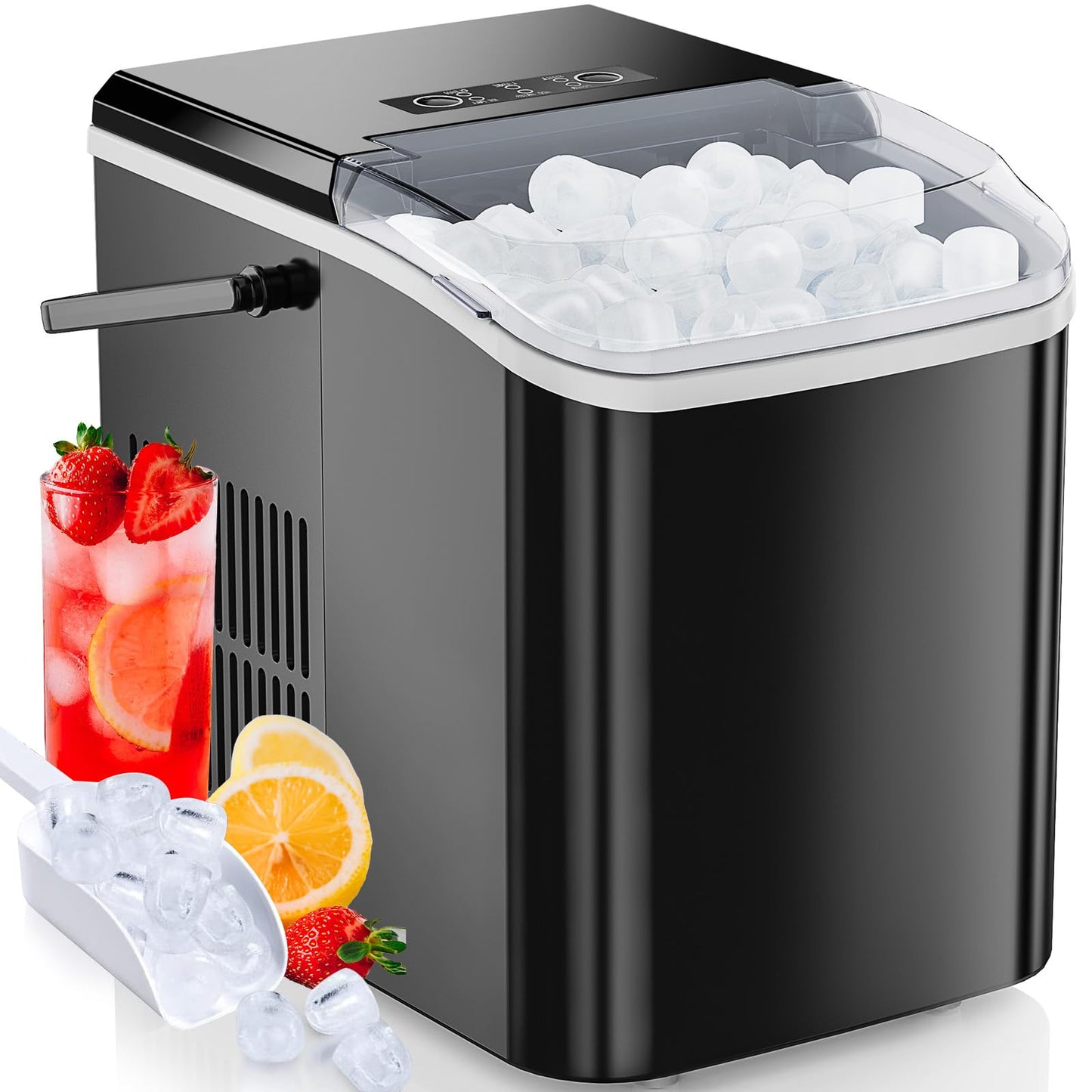 Sweetcrispy Countertop Ice Maker Machine Self-Cleaning, Fast Making 9 Ice Cubes in 6 Minutes, 26.5lbs/24Hrs, 2 Sizes Bullet Ice, Portable Ice Machine with Ice Scoop, Basket and Handle, Black