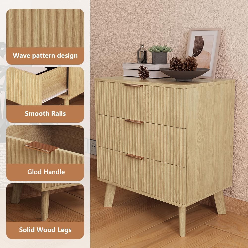 Mid-Century 3 Drawers Bedside Table Cabinet, Modern Nightstand with 3 Drawer and Solid Wood Legs, Contemporary 3-Drawer Nightstand, Mid Century Nightstand with 3 Storage Drawer for Bedroom (Natural)