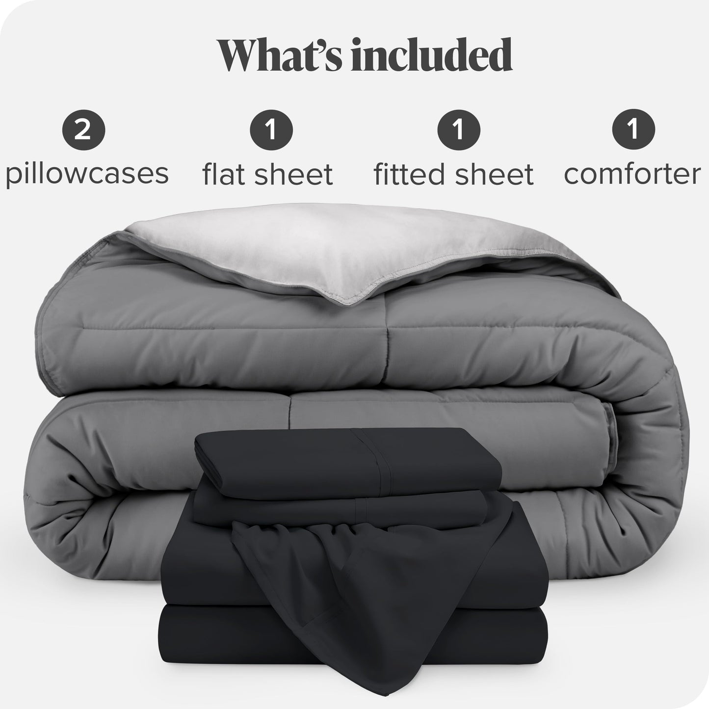 Bare Home Reversible Bed-in-A-Bag 5 Piece Comforter & Sheet Set - Queen - Down Alternative - Soft - Bedding Set (Queen, Grey/Light Grey, Black)
