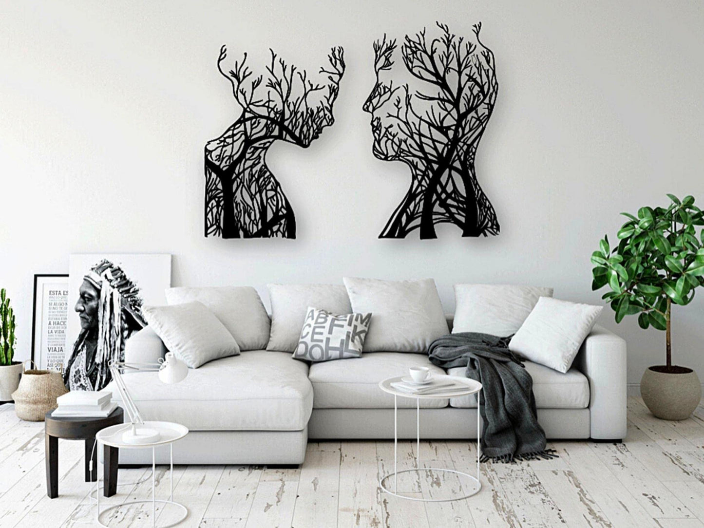 VAILLA Tree of Life Wooden Wall Art Abstract Tree Man Woman Face Large 3D Wall Decor Set of 2 Wall Hanging Sculpture Modern Wall Home Decoration 3D Textured Sculptures for Living Room Bedroom Office Dinnig Room