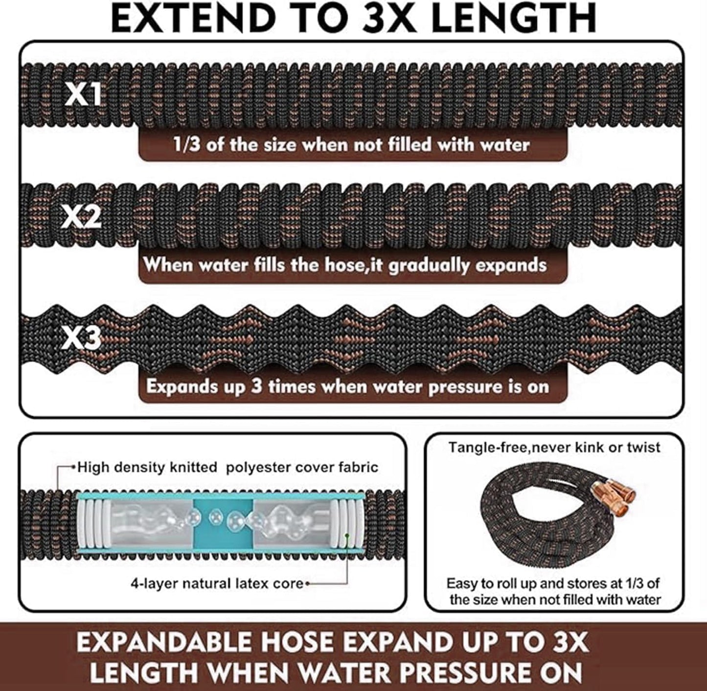 100ft Expandable Garden Hose - with 10-Function Nozzle - 650 PSI, 3/4" Lead-Free Solid Copper & Anodized Aluminum Fittings, Ultra-Lightweight & No-Kink