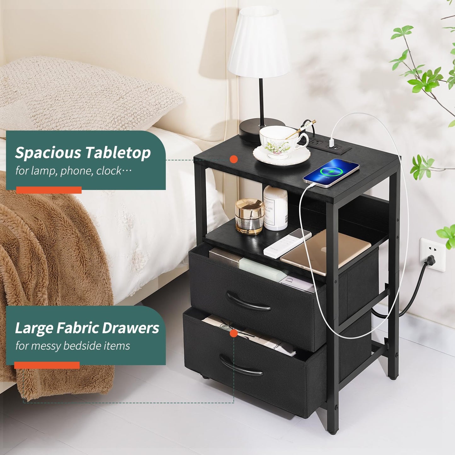 Yoobure Nightstand with Charging Station, LED Night Stand with Fabric Drawers and Storage Shelf for Bedroom, Nightstands Bedside Tables with USB Ports & Outlets, Small Night Stands, Bed Side Table