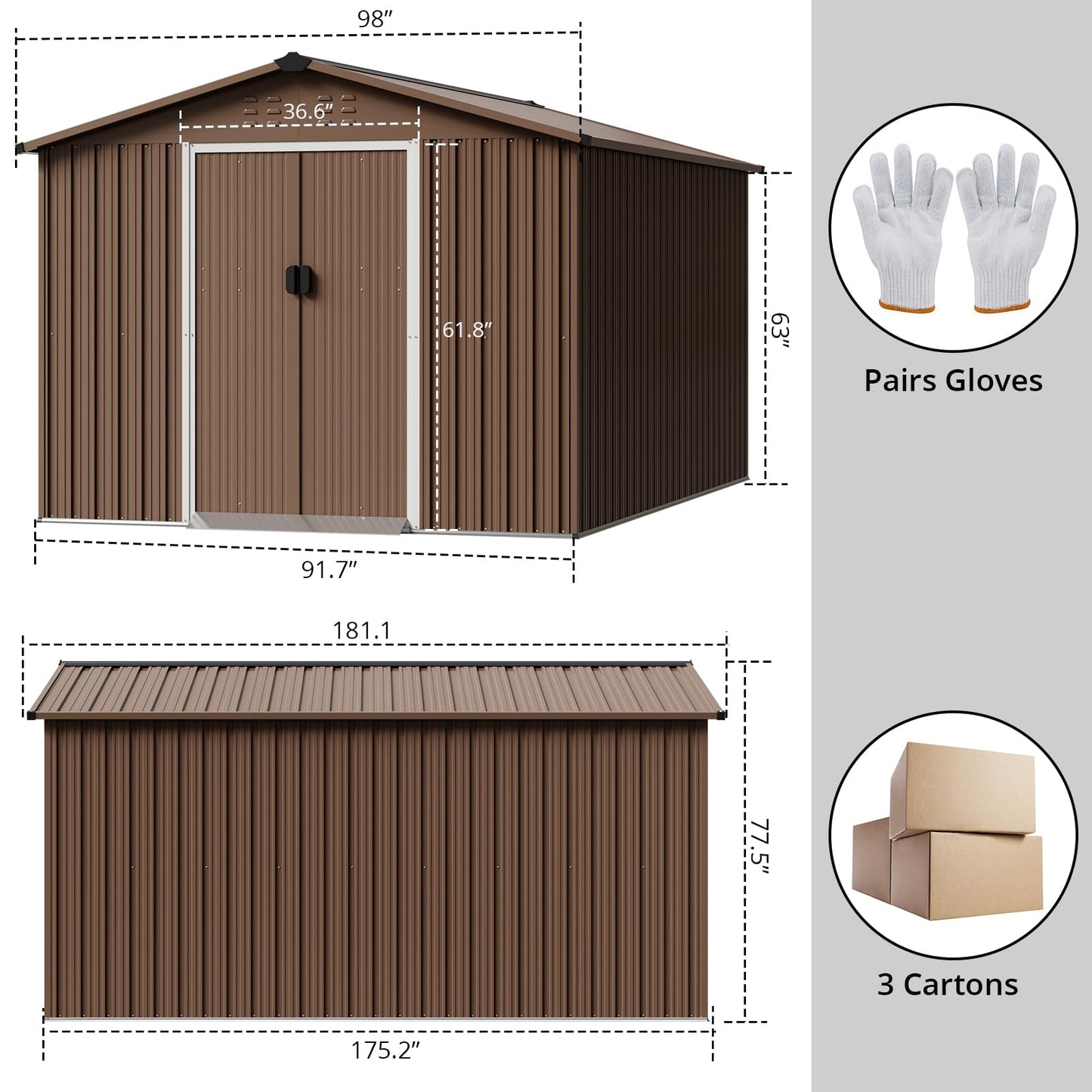 GarveeLife 8x15 Ft Outdoor Storage Shed, Large Garden Metal Shed with Sloped Roof & Lockable Door, Backyard Garden Patio Lawn Outdoor Shed for Organising Tools and Equipment in Yard, Garden, Brown