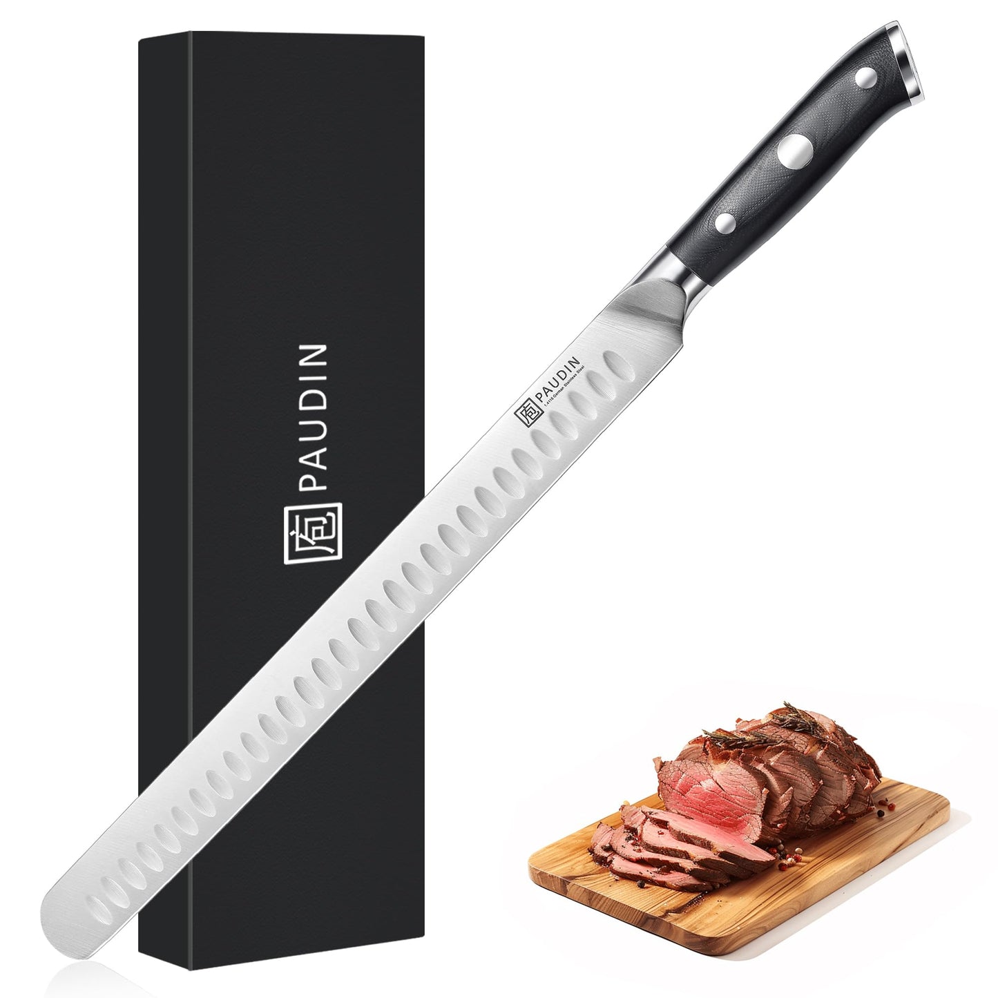 PAUDIN 12 Inch Carving Knife, Premium Slicing Knife with Granton Blade for Cutting Smoked Brisket, BBQ Meat, Turkey - Ergonomic G10 Handle