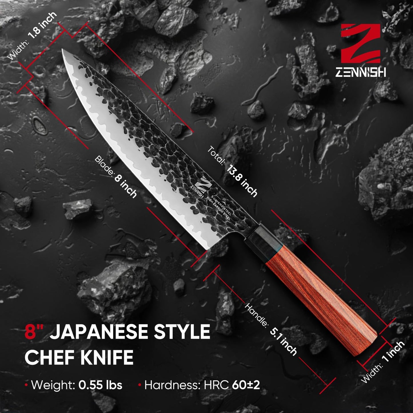 Zennish Gyuto Chef Knife, 8 Inch Japanese Gyuto Knife 5 Layers High Carbon Steel Handmade Forged Gyutou Knife With G10 & Sandalwood Handle, Premium Gift Box for Husband/Dad/Chef