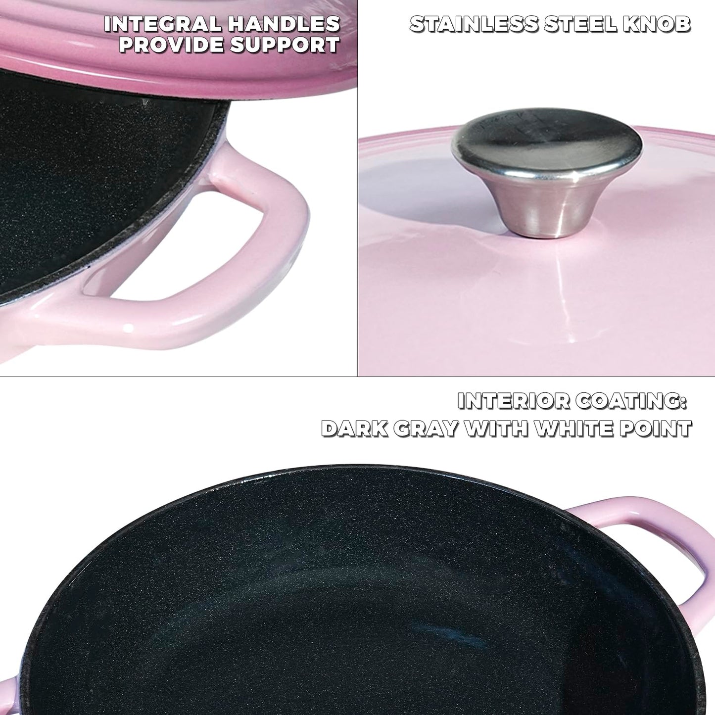 Flavehc Braiser Enameled Cast Iron Braiser 3 qt Braiser Pan with Lid Pink Shallow Cast Iron Casserole Braiser Pan with Handels