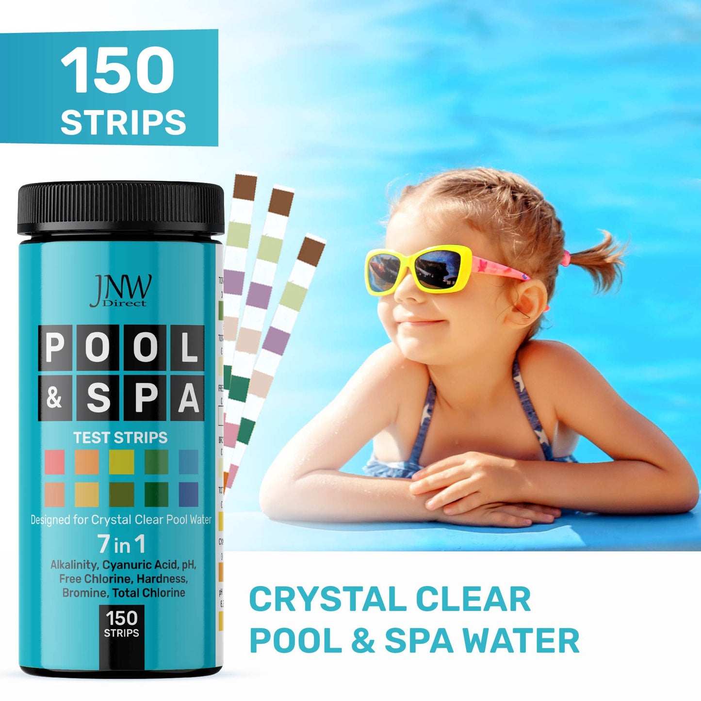 Pool Test Strips 7-in-1, 150 Quick and Accurate Pool and Hot Tub Test Strips - Pool Water Testing Kit for Chlorine, Bromine, pH, Hardness, More - All in 1 Swimming Pool Test Strips by JNW