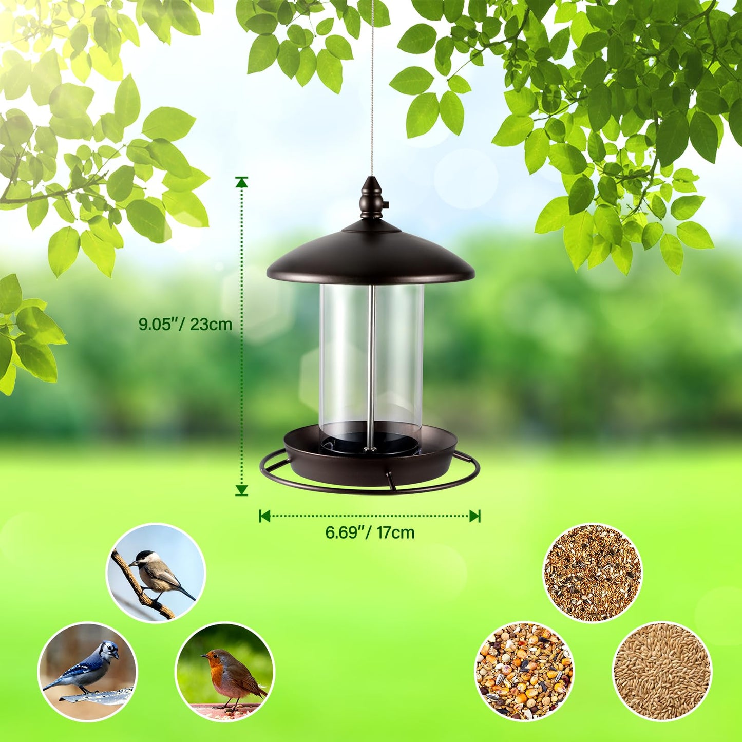 Metal Bird Feeder for Outside Hanging,Wild Bird Feeders for Cardinal, Large Roof and Tray - 6 Port