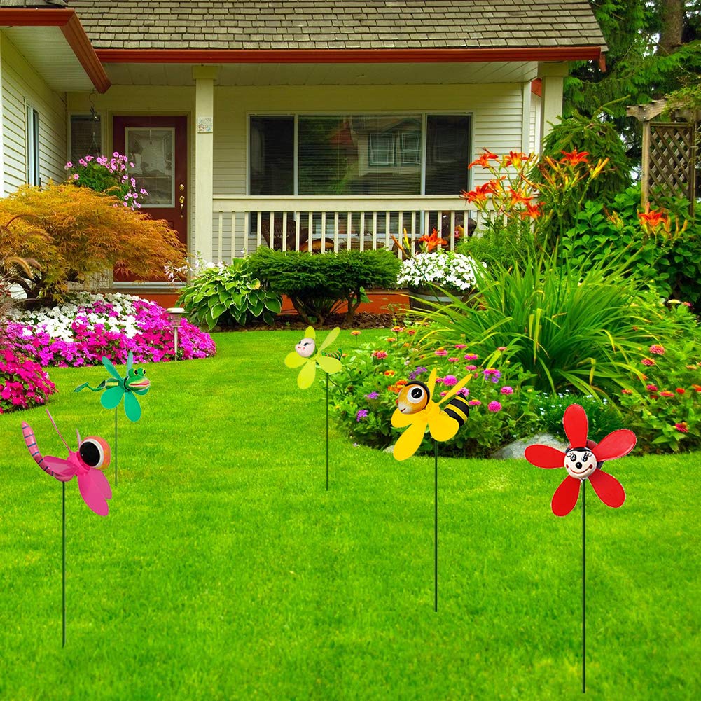 Garden Decor Pinwheels, 5-Pack Colorful 3D Lovely Insect Whirligigs Wind Spinners Outdoor Pinwheels for Yard and Garden Pinwheels Wind Spinners for Yard Garden Lawn Decorations (5PCS Mix Set)