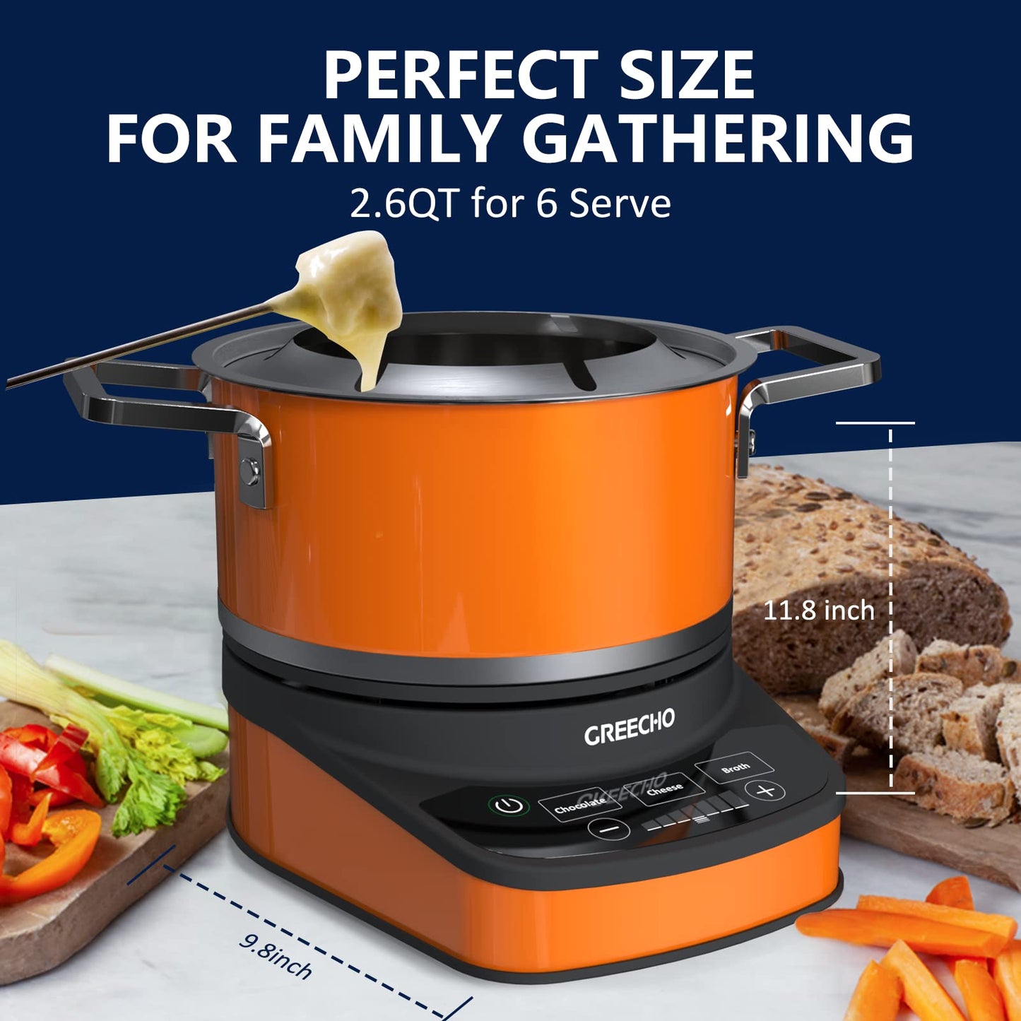 GREECHO Fondue Pot Electric Set, 2.6 Qt Stainless Steel Electric Fondue Pot with 3 Preset Mode (Cheese, Chocolate & Broth), 1200W Fondue Pot Set with Separated Fondue Pot & 6 Color-Coded Forks, Orange