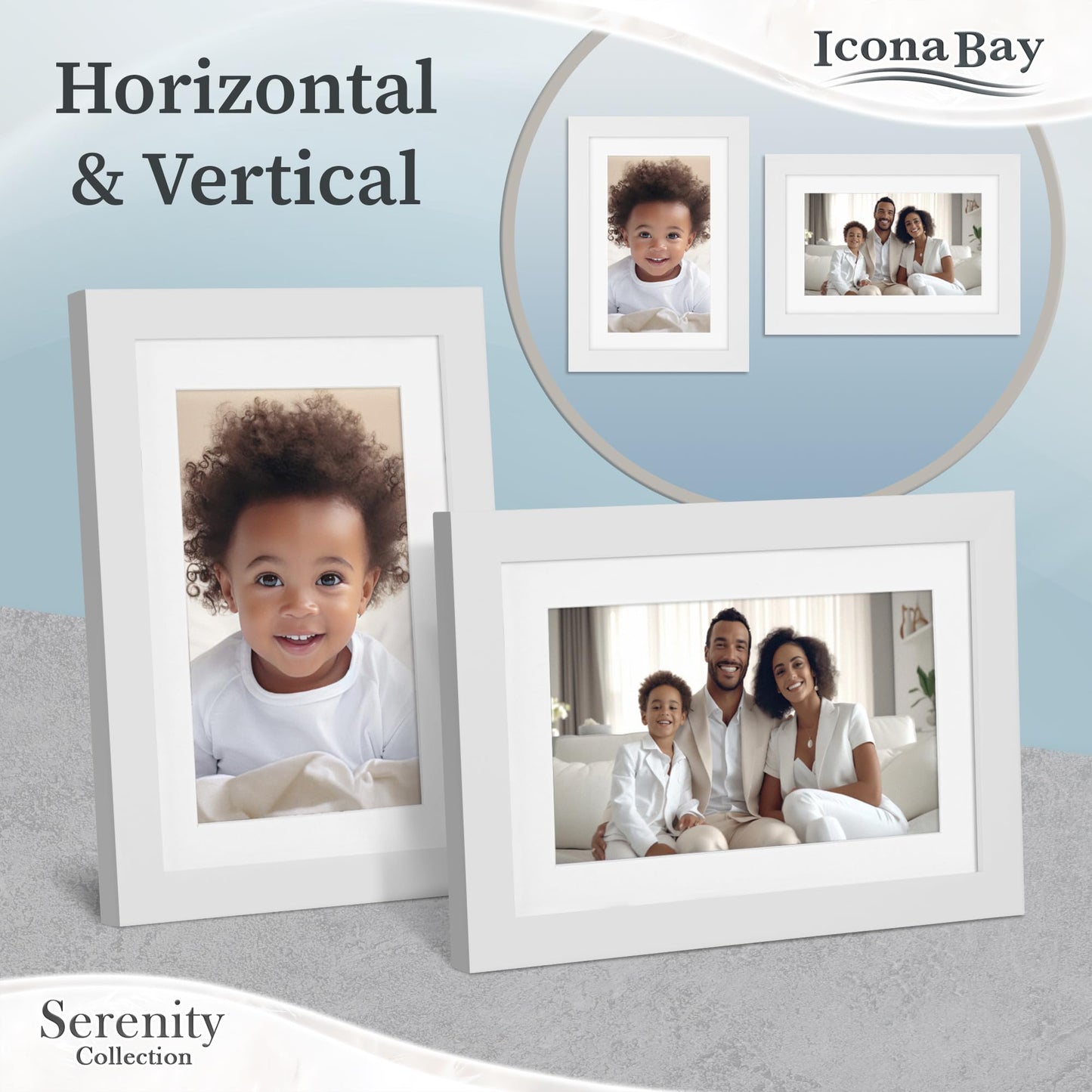 Icona Bay 4x6 Picture Frames w/Removable Mat for 3x5 Photos (White, 6 Pack), Sleek Modern Style Frames, Table Top or Wall Mount, Serenity Collection