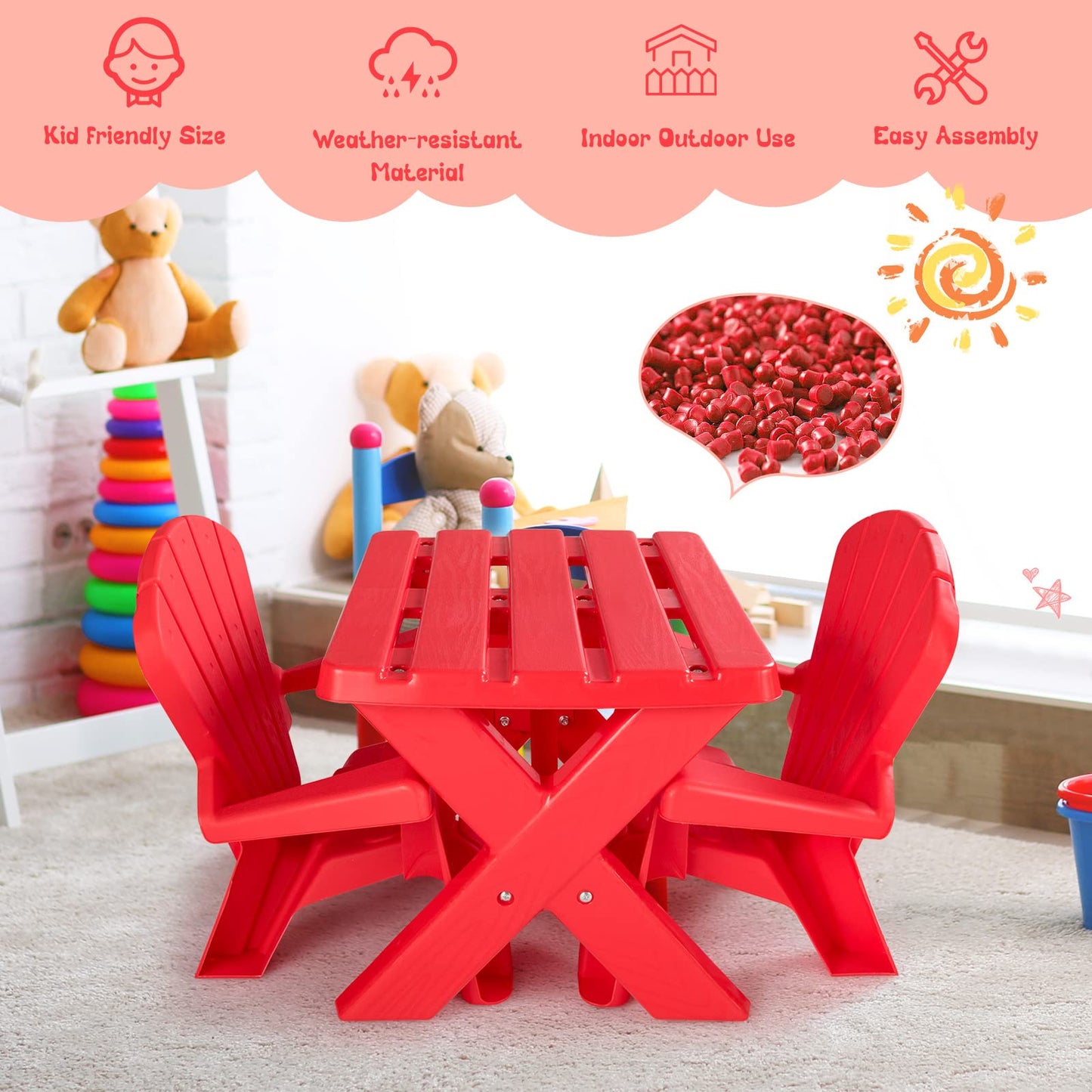 COSTWAY Kids Outdoor Table & Chair Set, Toddler Play Table with 2 Adirondack Chairs, 3 Pcs Kids Backyard Furniture, Stackable Design for Saving Space, for Beach, Garden, Lawn (Red)