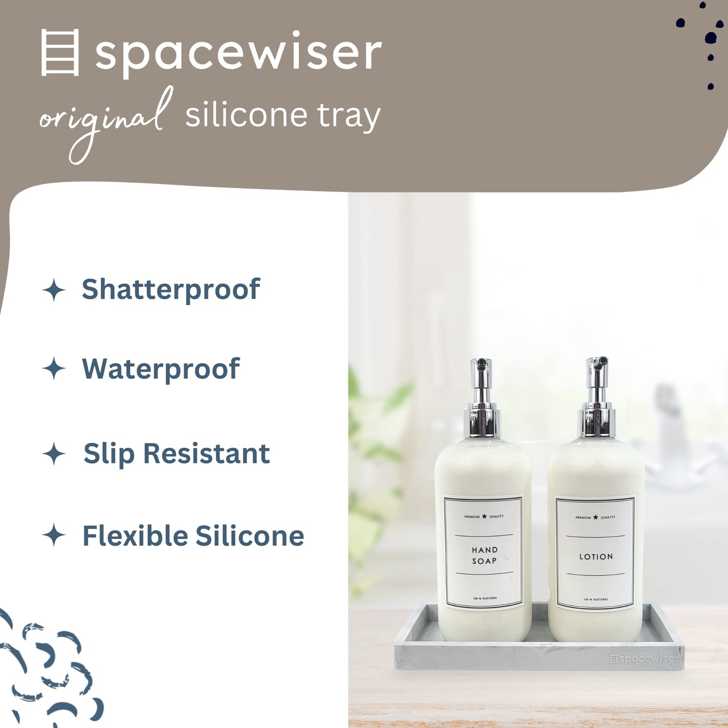 Spacewiser Countertop and Vanity Tray – Small 7.7" Silicone Soap Dispenser Tray, Shatterproof Flexible Bathroom Tray, Kitchen Sink Tray for Soap Bottles, Key Trinket Ring Tray, Original Silicone Tray