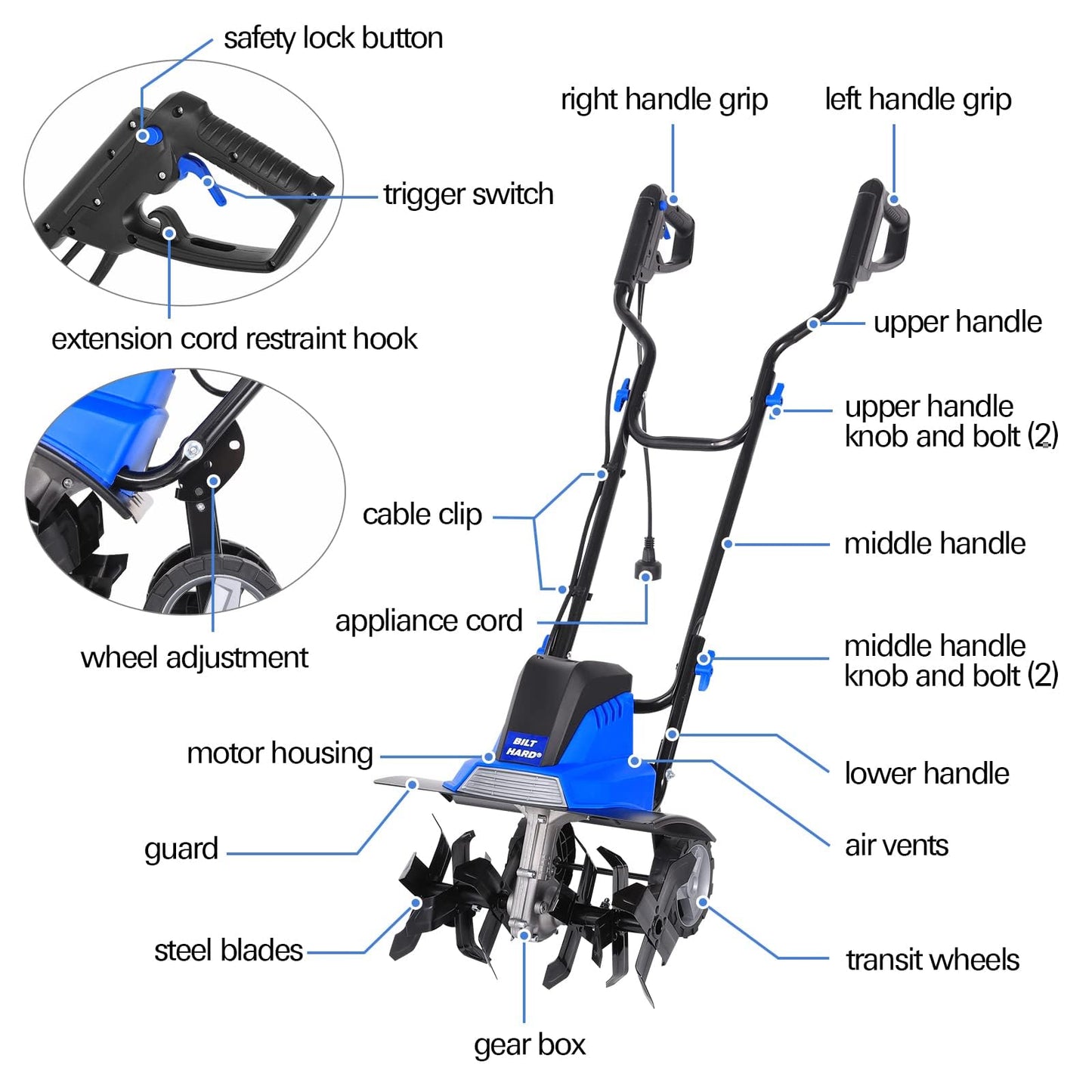 BILT HARD Tiller Cultivator 16 inch, 13.5 Amp 6 Steel Tines Tillers for Gardening Foldable, Electric Garden Rototiller with Adjustable Wheels