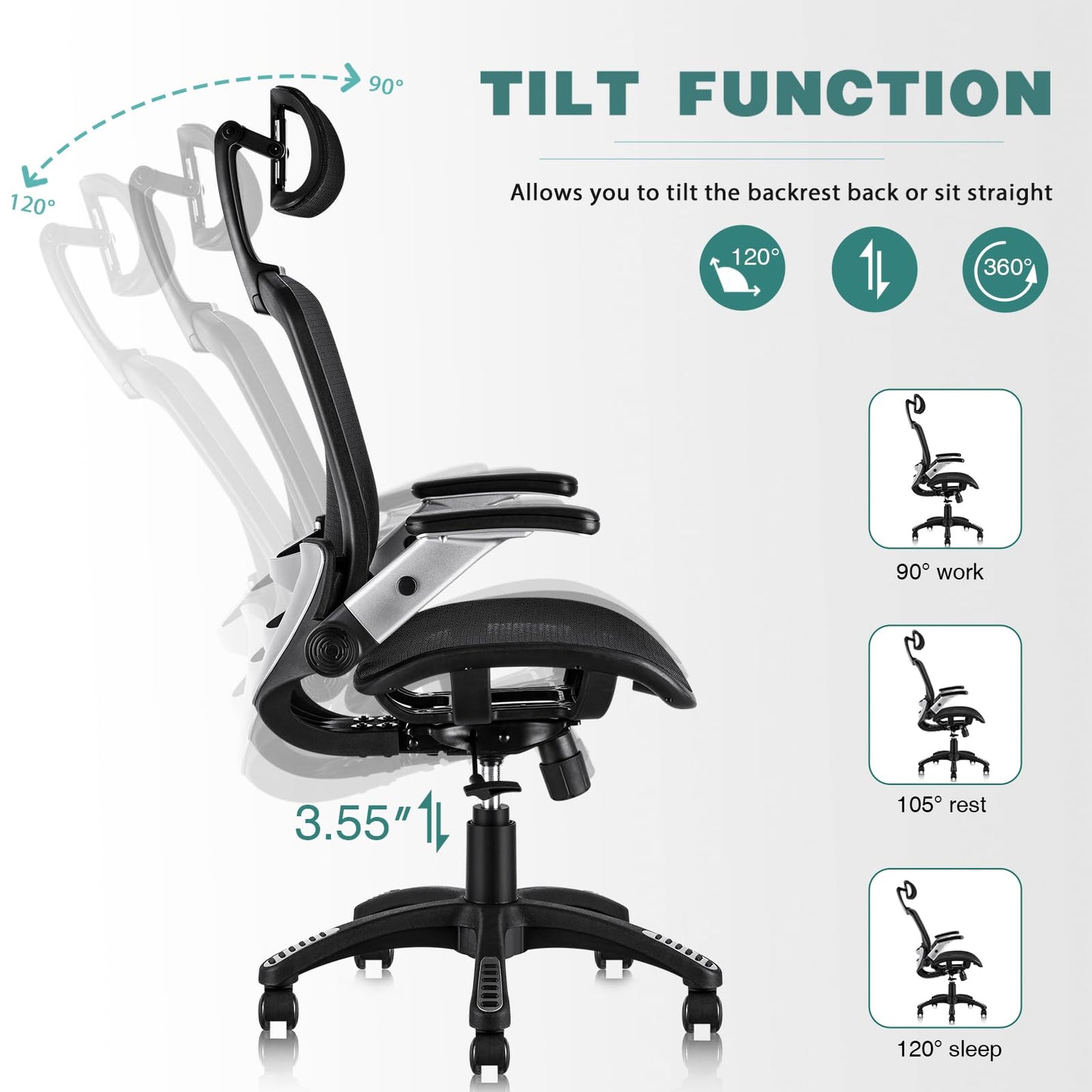 GABRYLLY Ergonomic Office Chair, High Back Home Desk Chair with Headrest, Flip-Up Arms, 90-120° Tilt Lock and Wide Cushion, Big and Tall Mesh Chairs for Man Woman, Black Task Chair