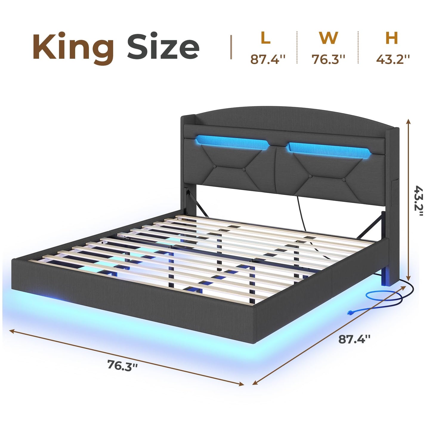 ADORNEVE Floating Bed Frame King Size with USB-C/A Charging Station, LED Bed Frame with Storage Headboard, Upholstered Platform King Bed with Shelves, Hidden Storage, Stable Structure,Dark Grey