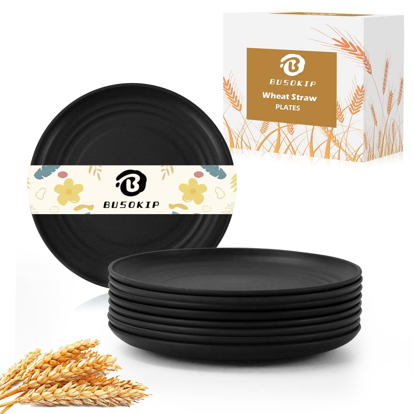 BUSOKIP 6 Inch Dessert Plates Set of 8, Unbreakable Wheat Straw Plates Appetizer Plates, Plastic Plates Reusable, Microwave & Dishwasher Safe Plates, Mini Plates for Kitchen (Black)