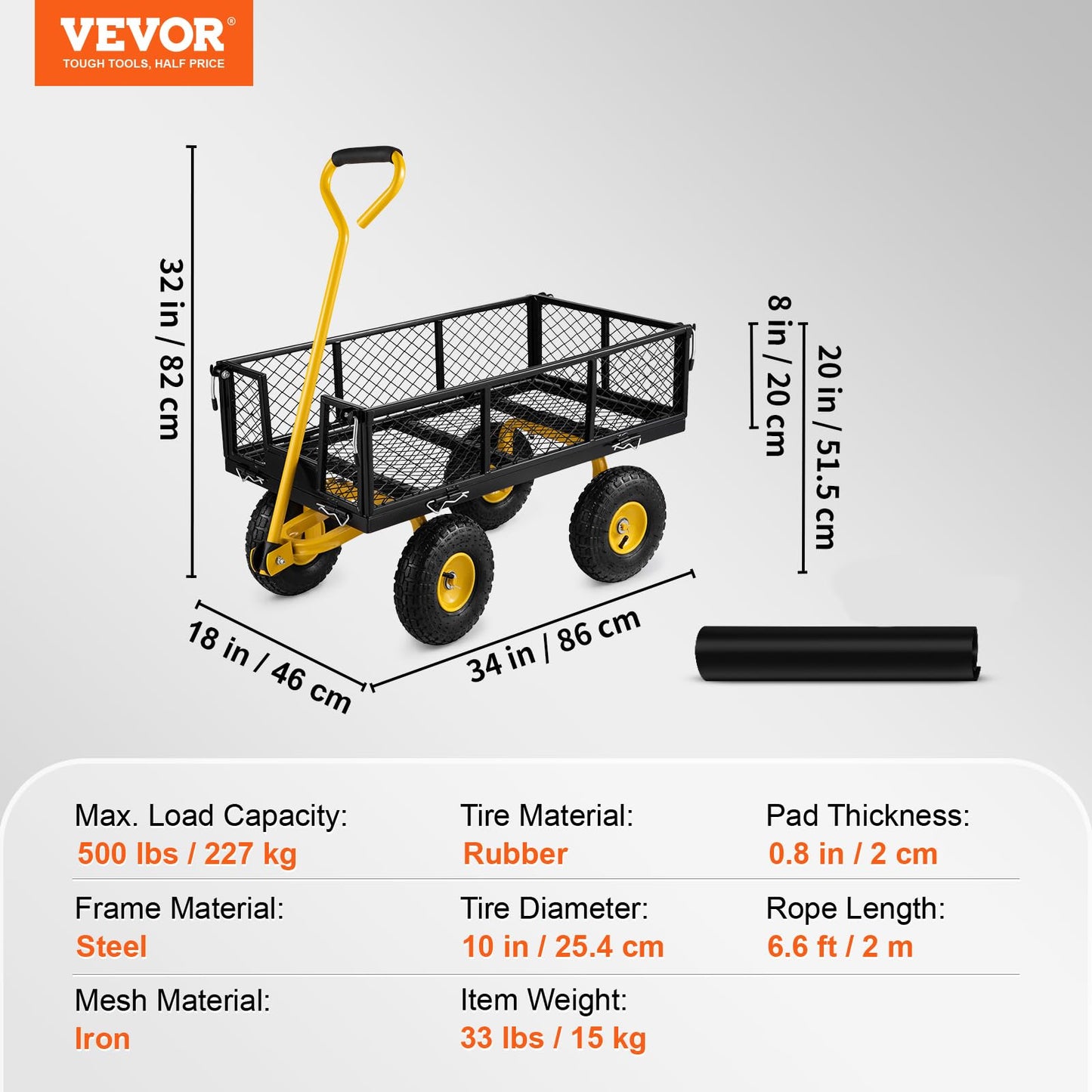 VEVOR Steel Garden Cart, Heavy Duty 500 lbs Capacity, with Removable Mesh Sides to Convert into Flatbed, Utility Metal Wagon with 180° Rotating Handle and 10 in Tires, Perfect for Garden, Farm, Yard