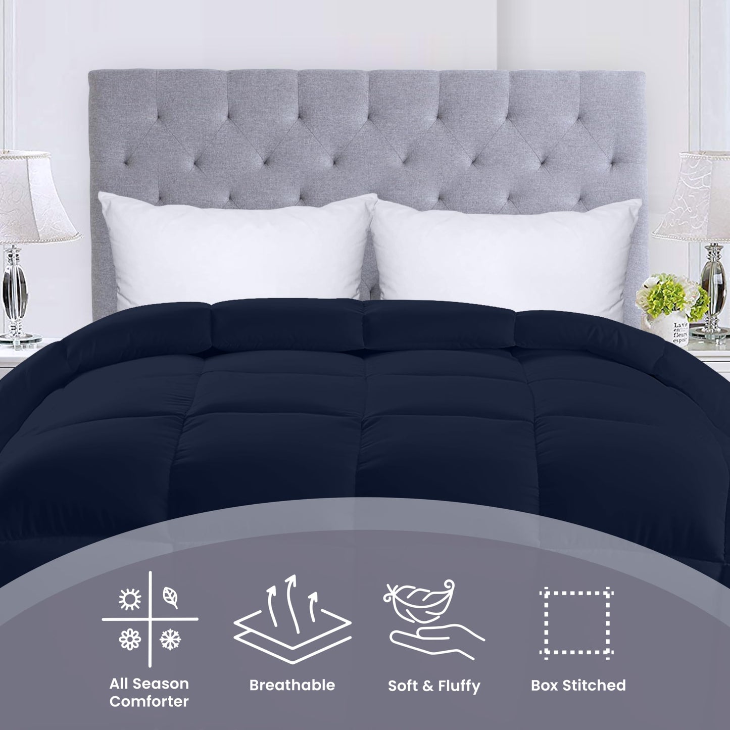 Utopia Bedding Comforters King Size, All Season Duvet Insert, Down Alternative Box Stitched Bed Comforter with Corner Tabs, Machine Washable (Navy)