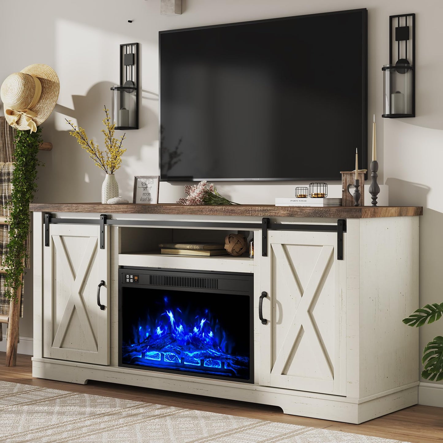 AMERLIFE Fireplace TV Stand with Sliding Barn Door for TVs up to 73", Farmhouse 63" Fireplace Entertainment Center with Storage Cabinets/Adjustable Shelves, Distressed White & Barnwood